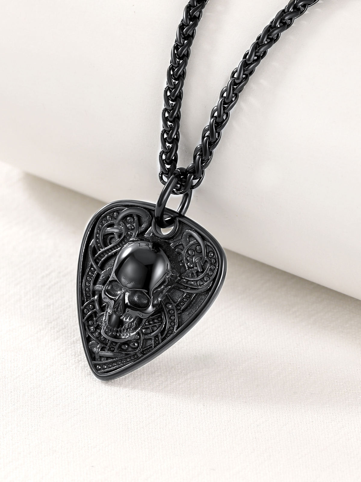 Gothic Skull Pendant Guitar Pick Necklace in Black