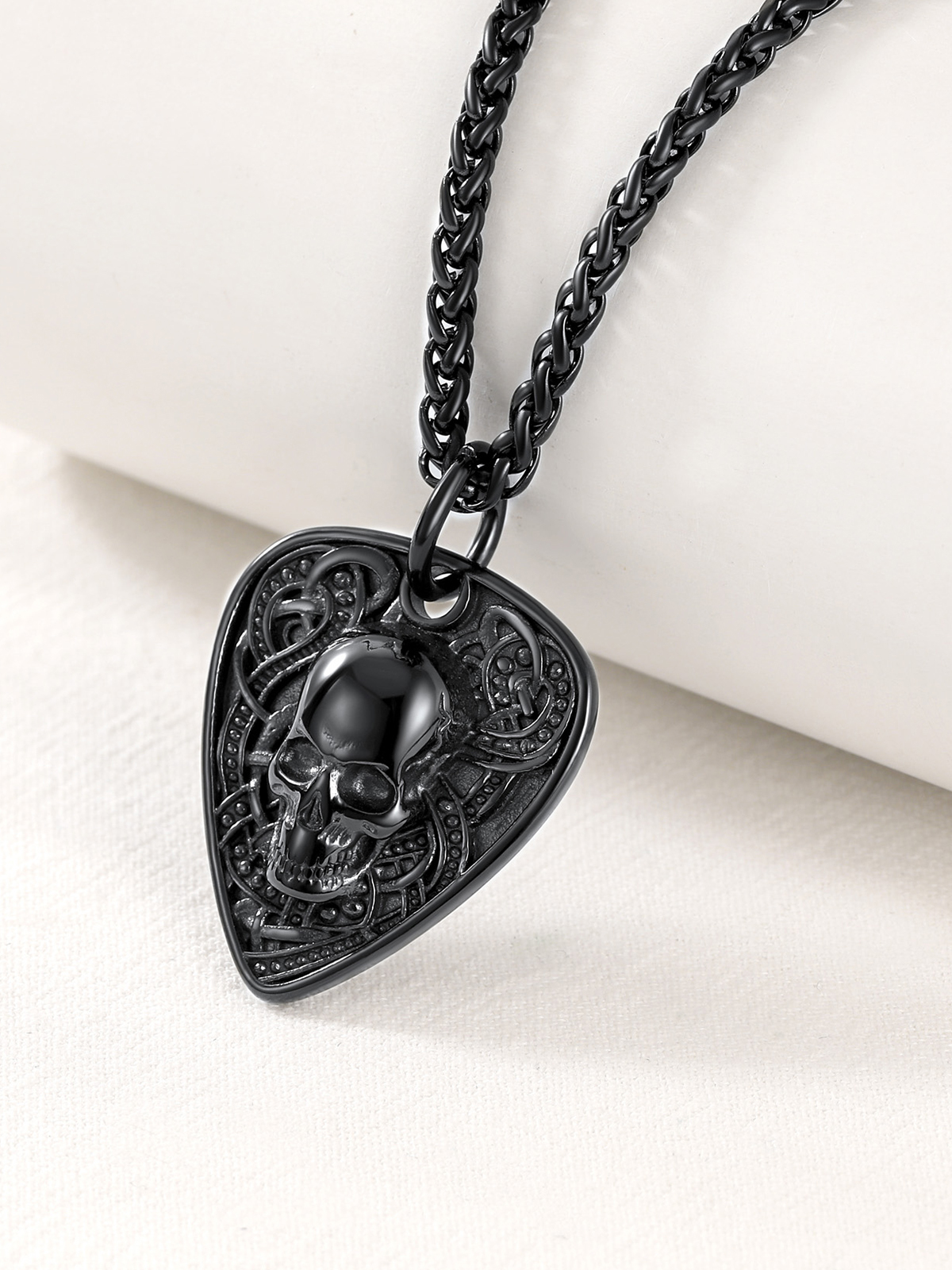 Gothic Skull Pendant Guitar Pick Necklace in Black
