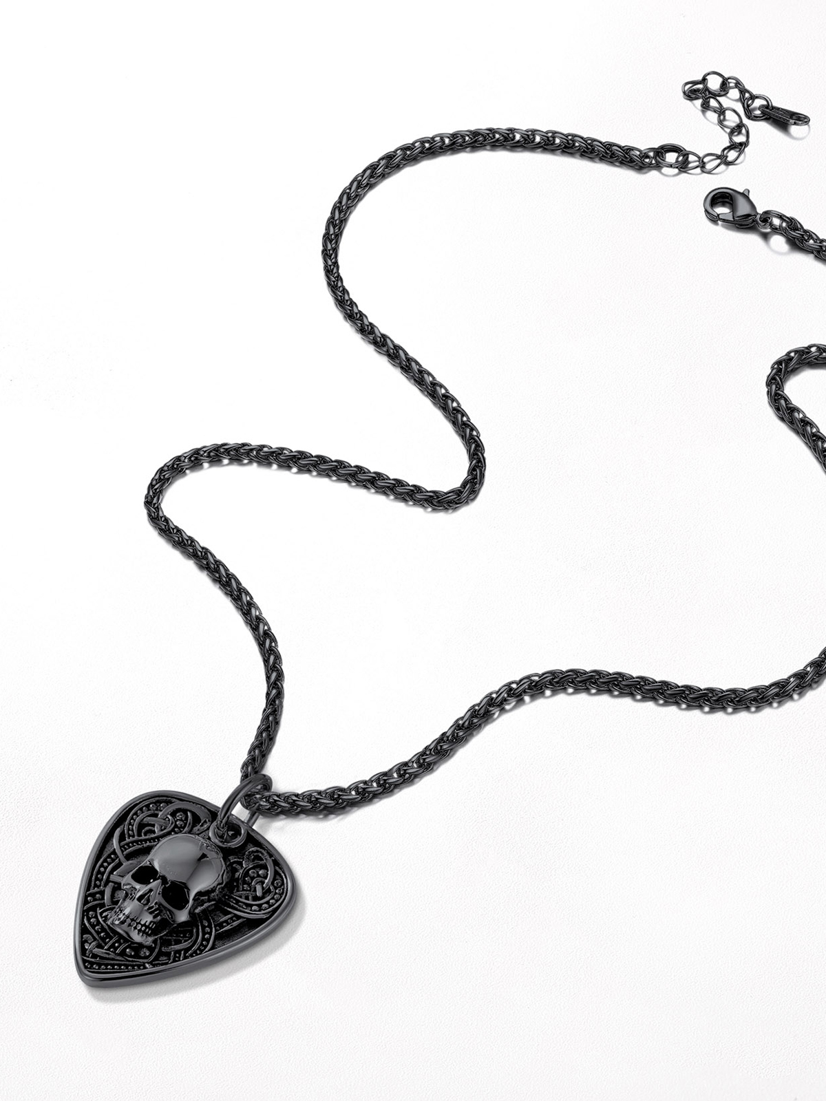 Gothic Skull Pendant Guitar Pick Necklace in Black