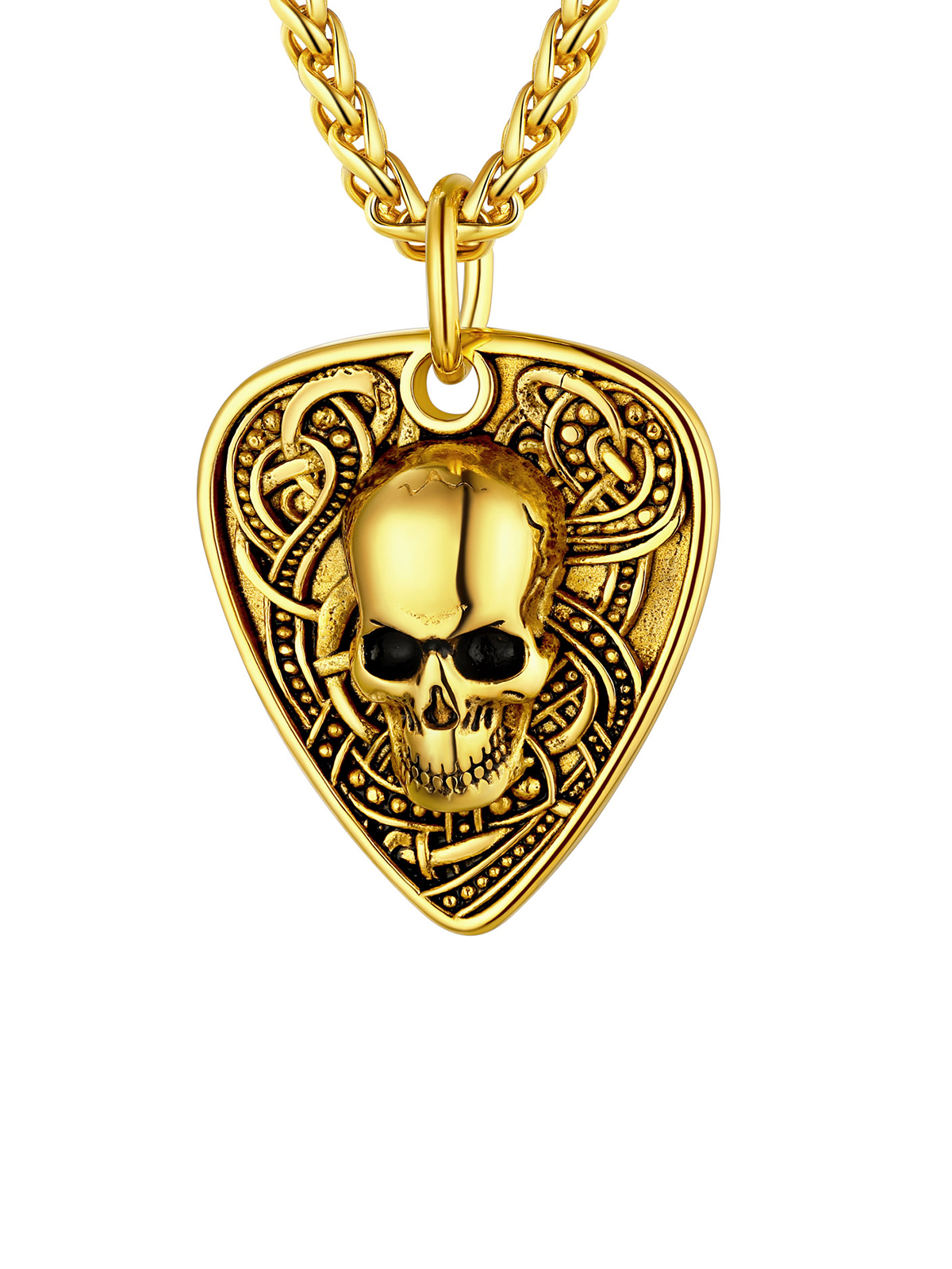 Gothic Skull Pendant Guitar Pick Necklace in 18K Gold