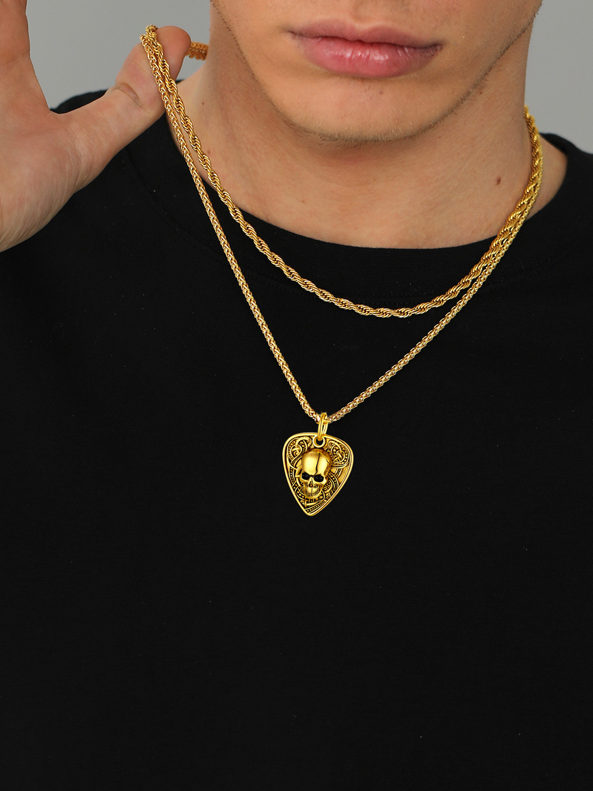 Gothic Skull Pendant Guitar Pick Necklace in 18K Gold
