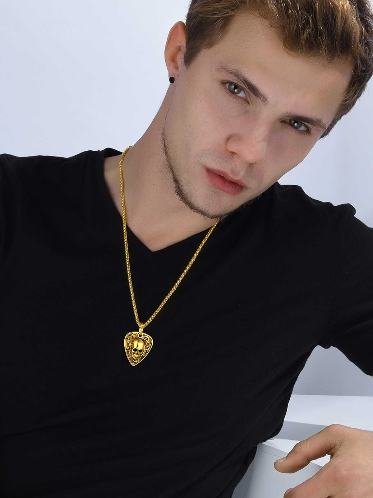 Gothic Skull Pendant Guitar Pick Necklace in 18K Gold
