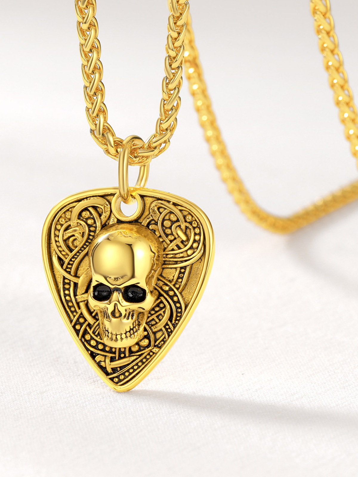 Gothic Skull Pendant Guitar Pick Necklace in 18K Gold