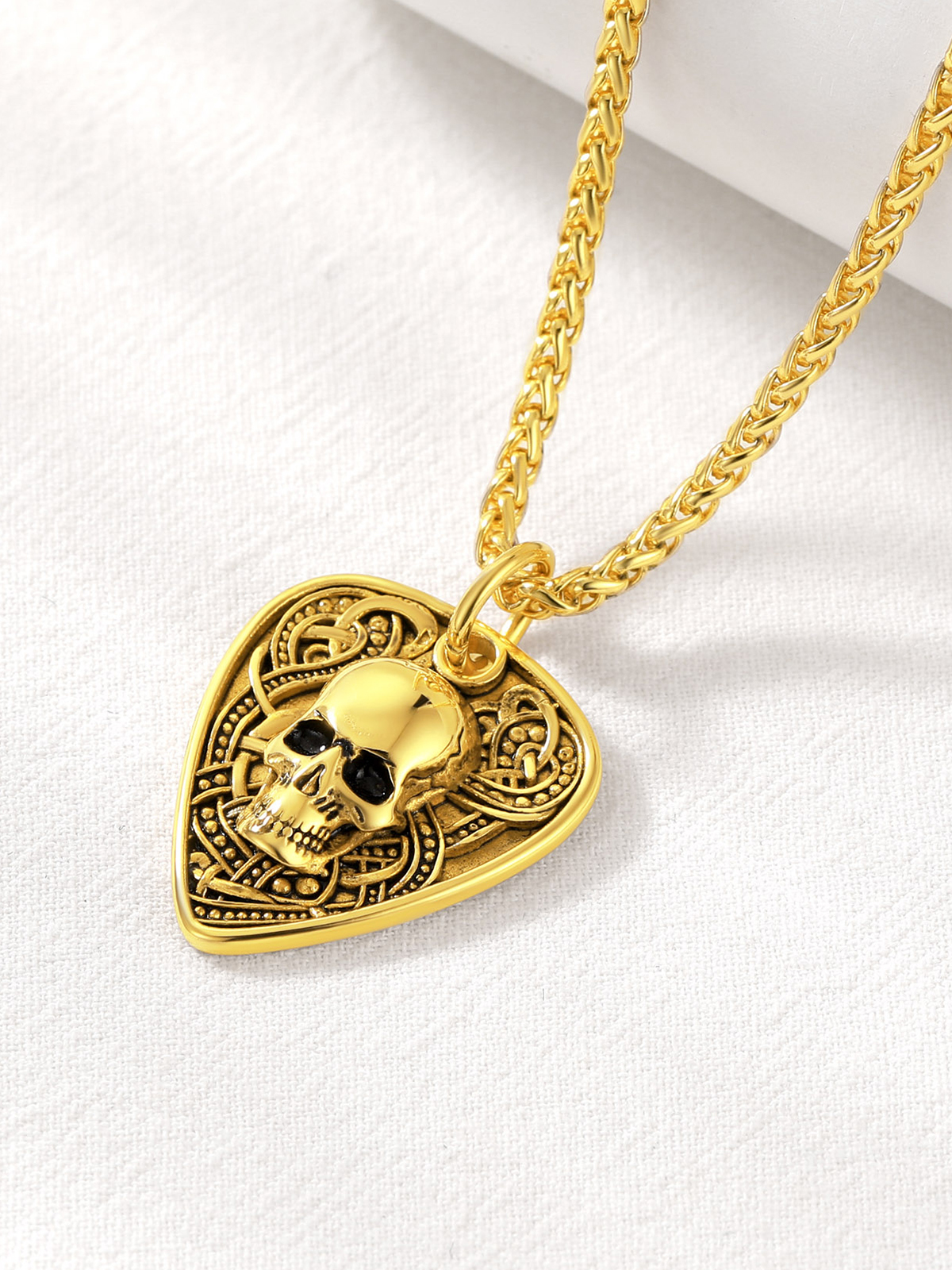 Gothic Skull Pendant Guitar Pick Necklace in 18K Gold
