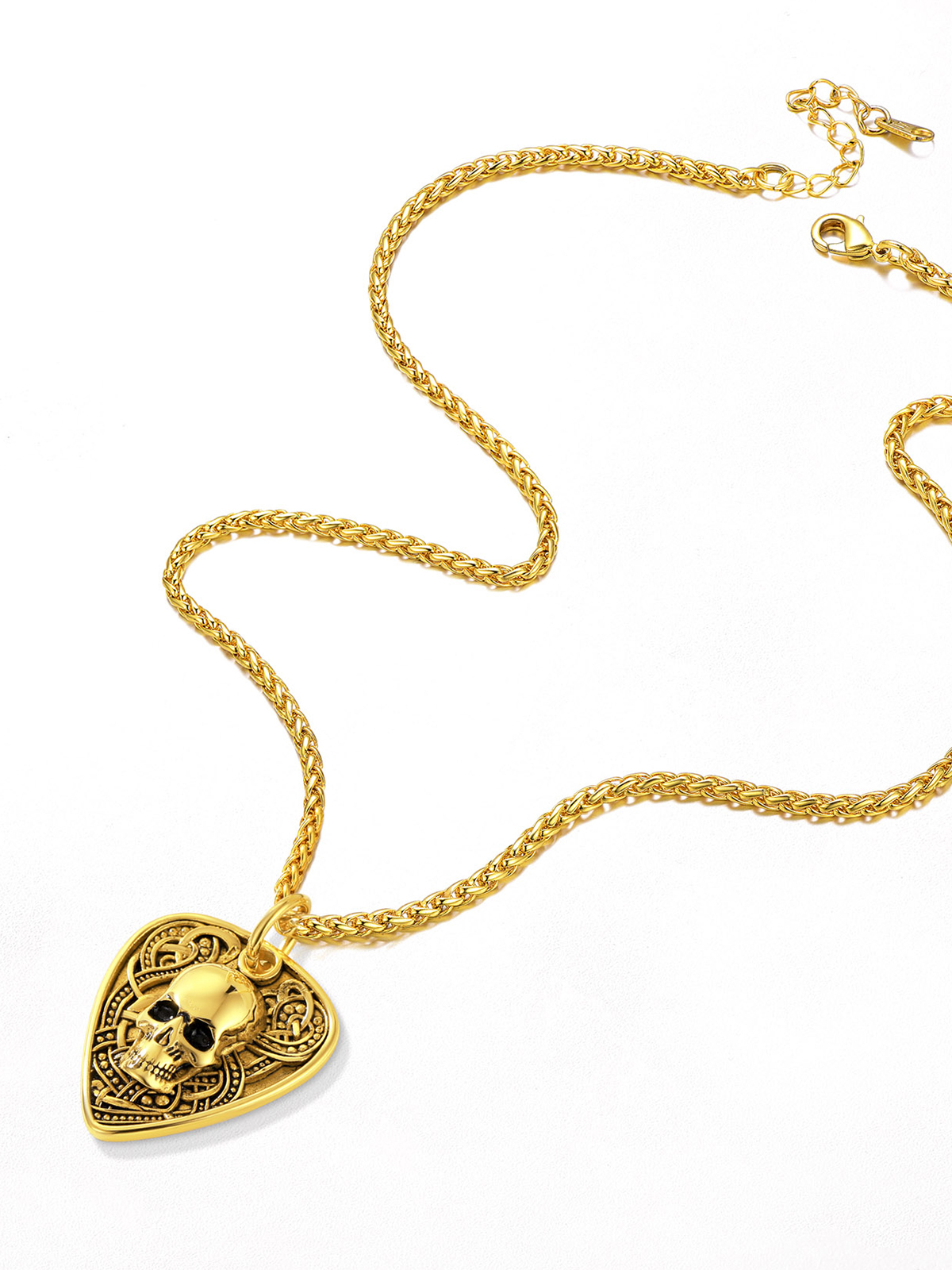 Gothic Skull Pendant Guitar Pick Necklace in 18K Gold