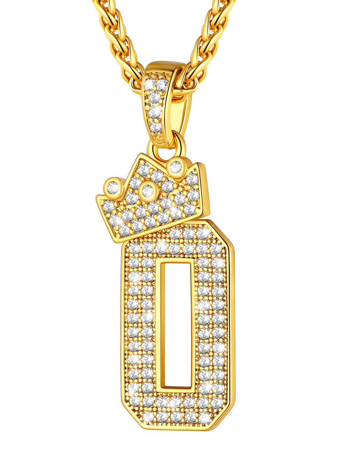Crown Number Pendant Iced Out Necklace with CZ in 18K Gold