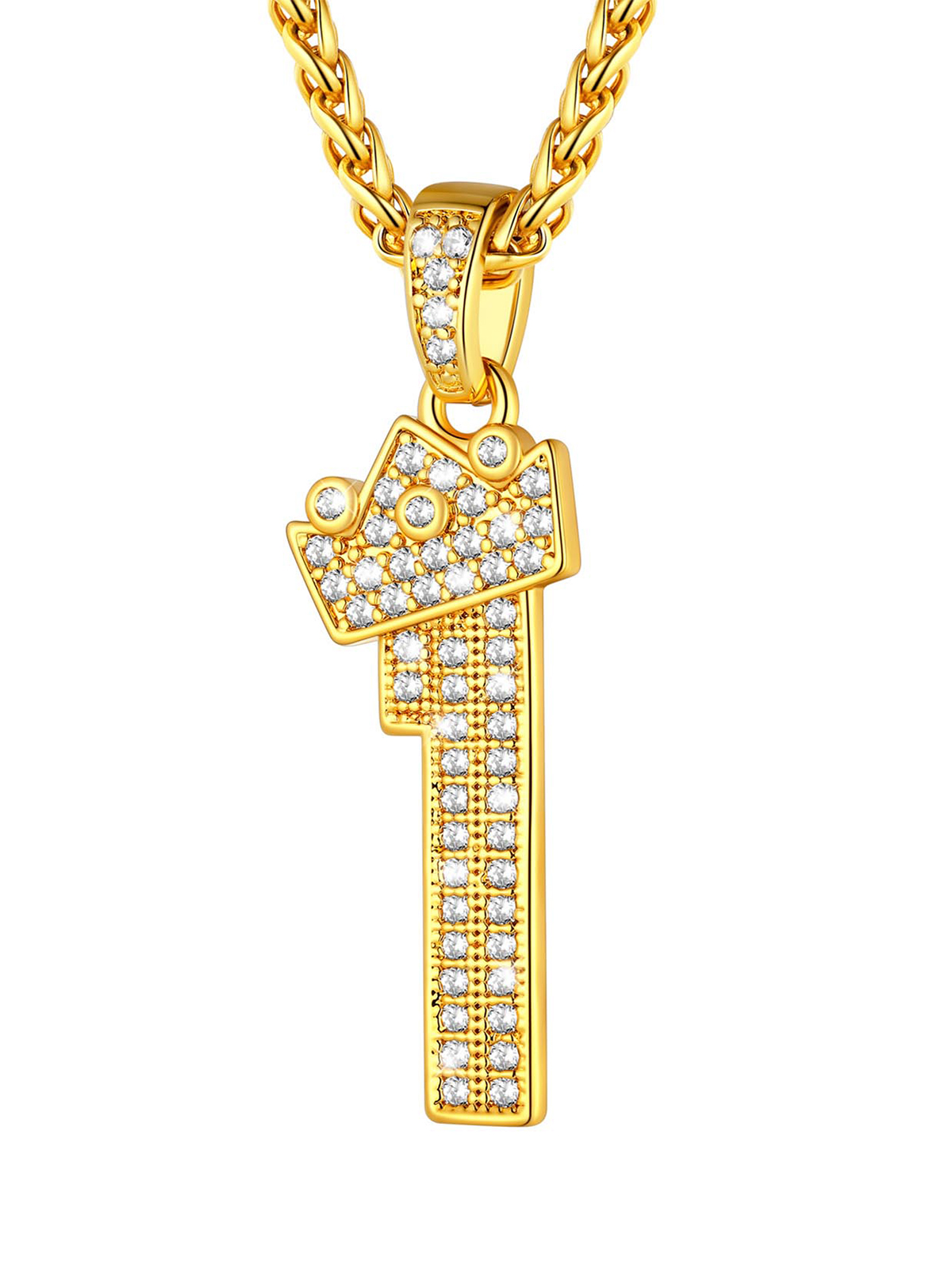 Crown Number Pendant Iced Out Necklace with CZ in 18K Gold