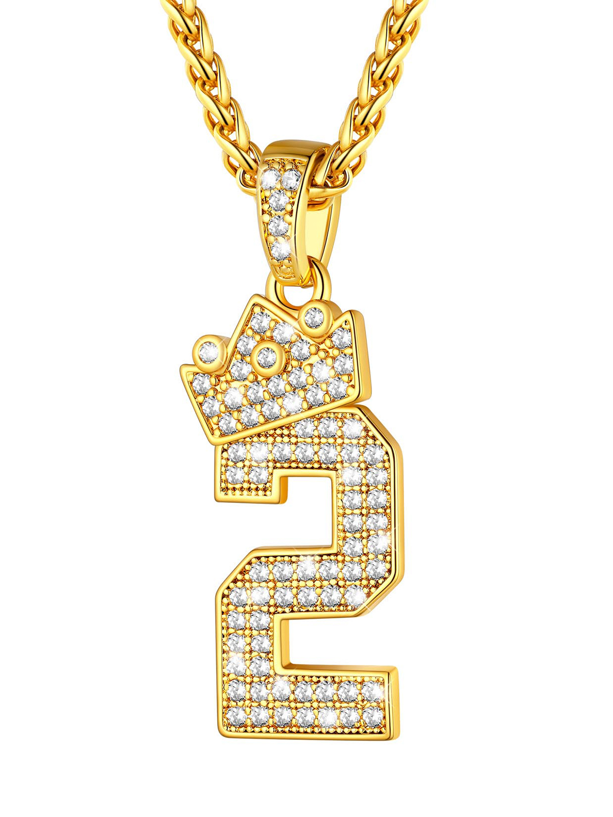 Crown Number Pendant Iced Out Necklace with CZ in 18K Gold
