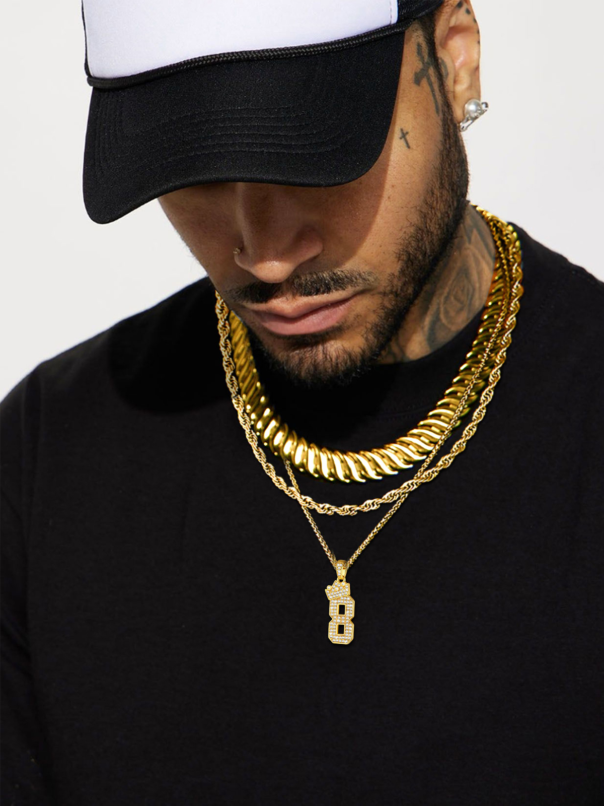 Crown Number Pendant Iced Out Necklace with CZ in 18K Gold