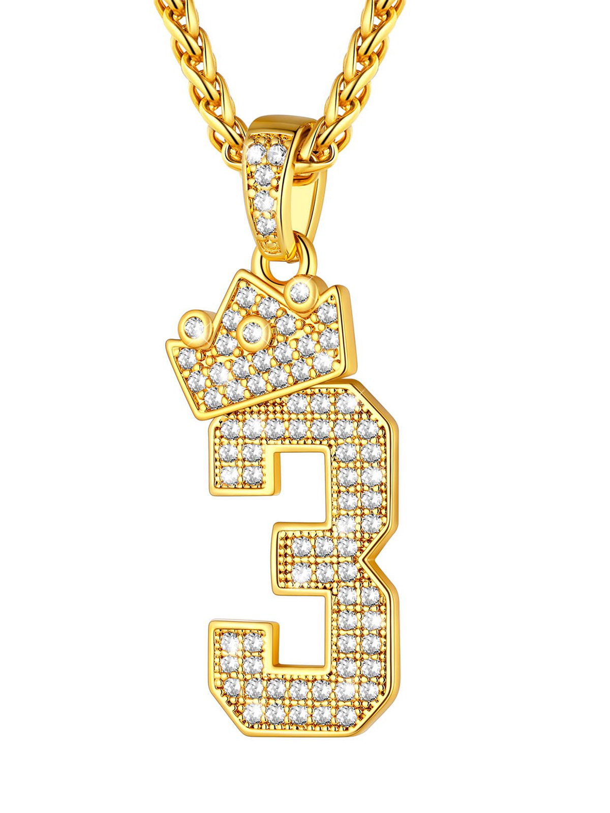 Crown Number Pendant Iced Out Necklace with CZ in 18K Gold
