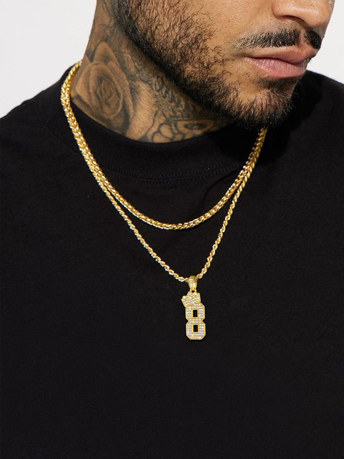 Crown Number Pendant Iced Out Necklace with CZ in 18K Gold