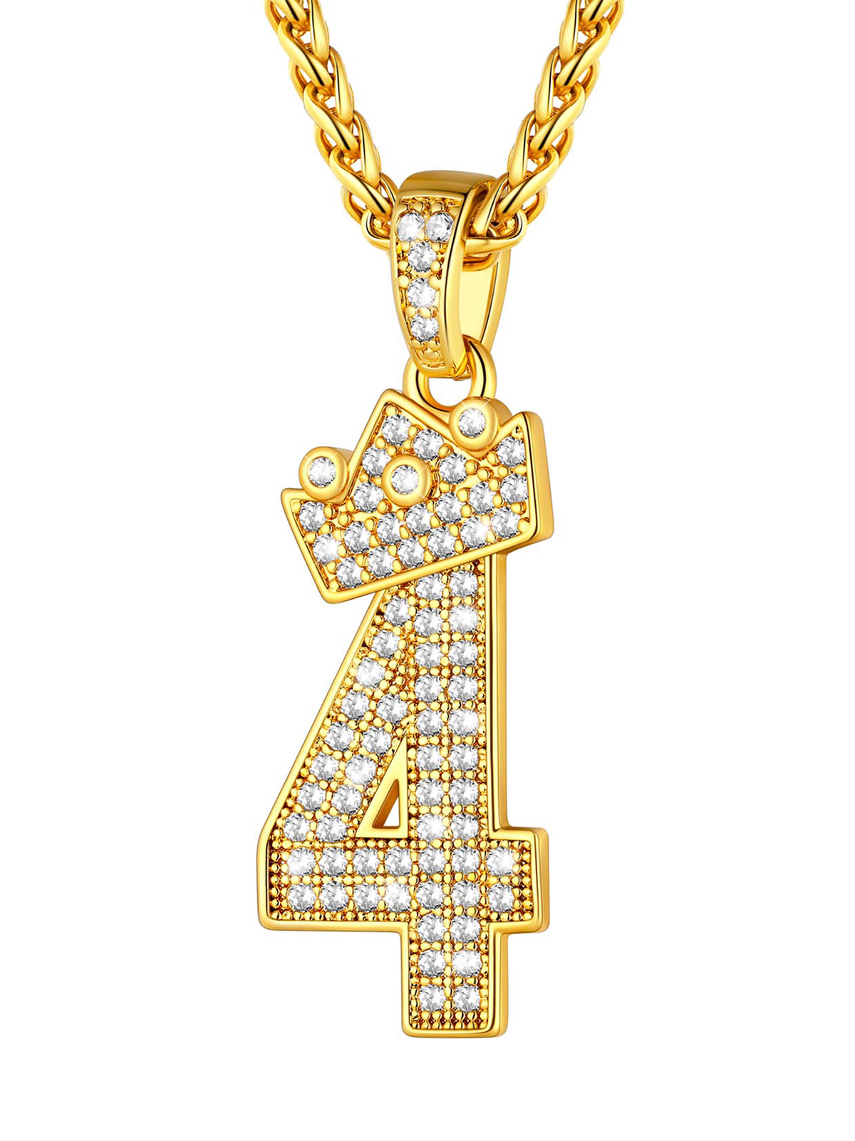 Crown Number Pendant Iced Out Necklace with CZ in 18K Gold