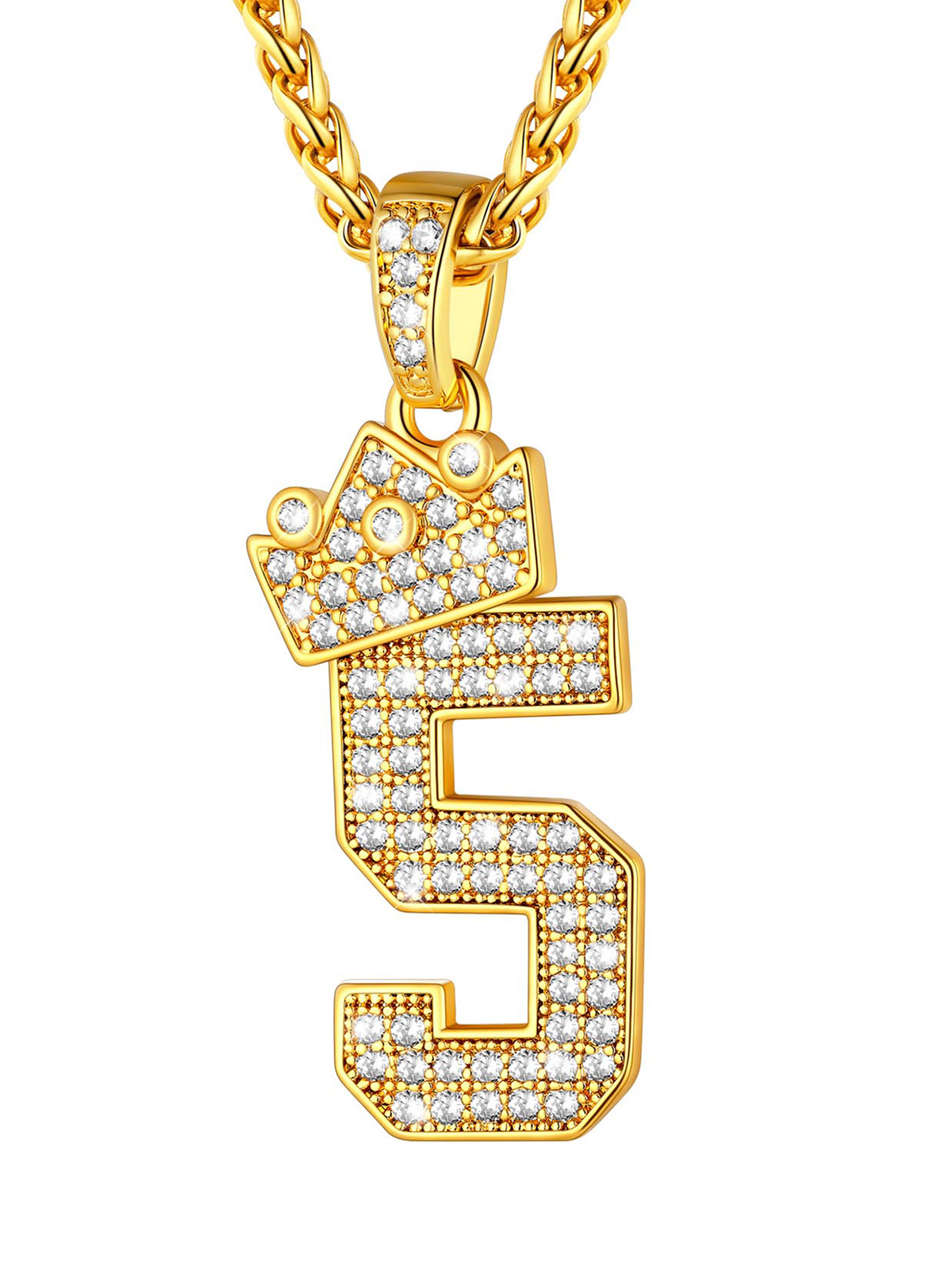 Crown Number Pendant Iced Out Necklace with CZ in 18K Gold
