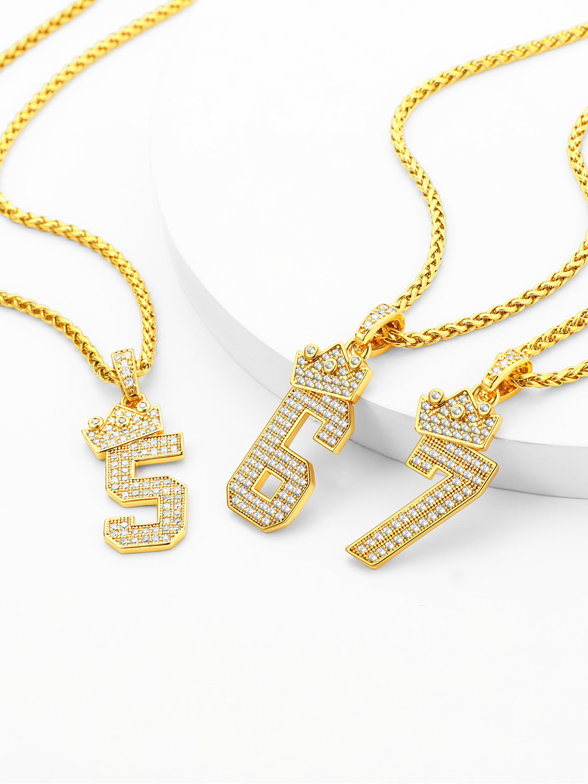 Crown Number Pendant Iced Out Necklace with CZ in 18K Gold