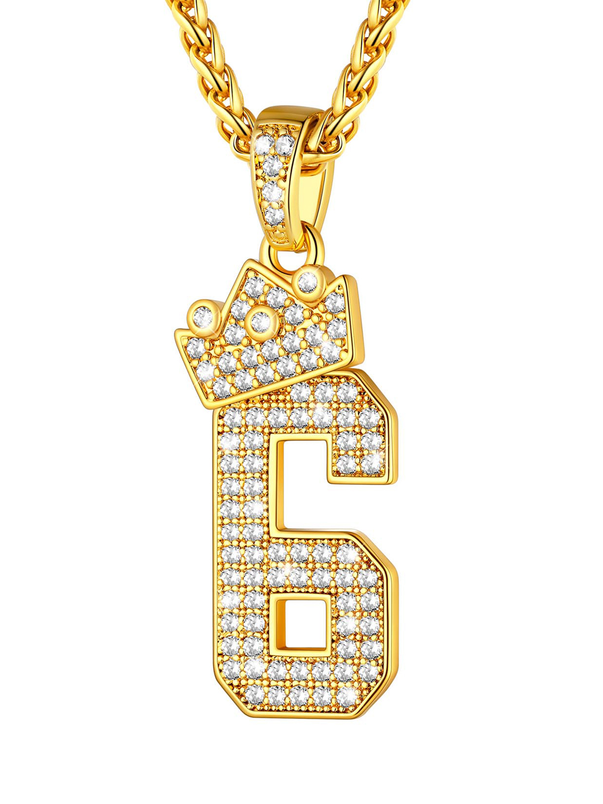 Crown Number Pendant Iced Out Necklace with CZ in 18K Gold