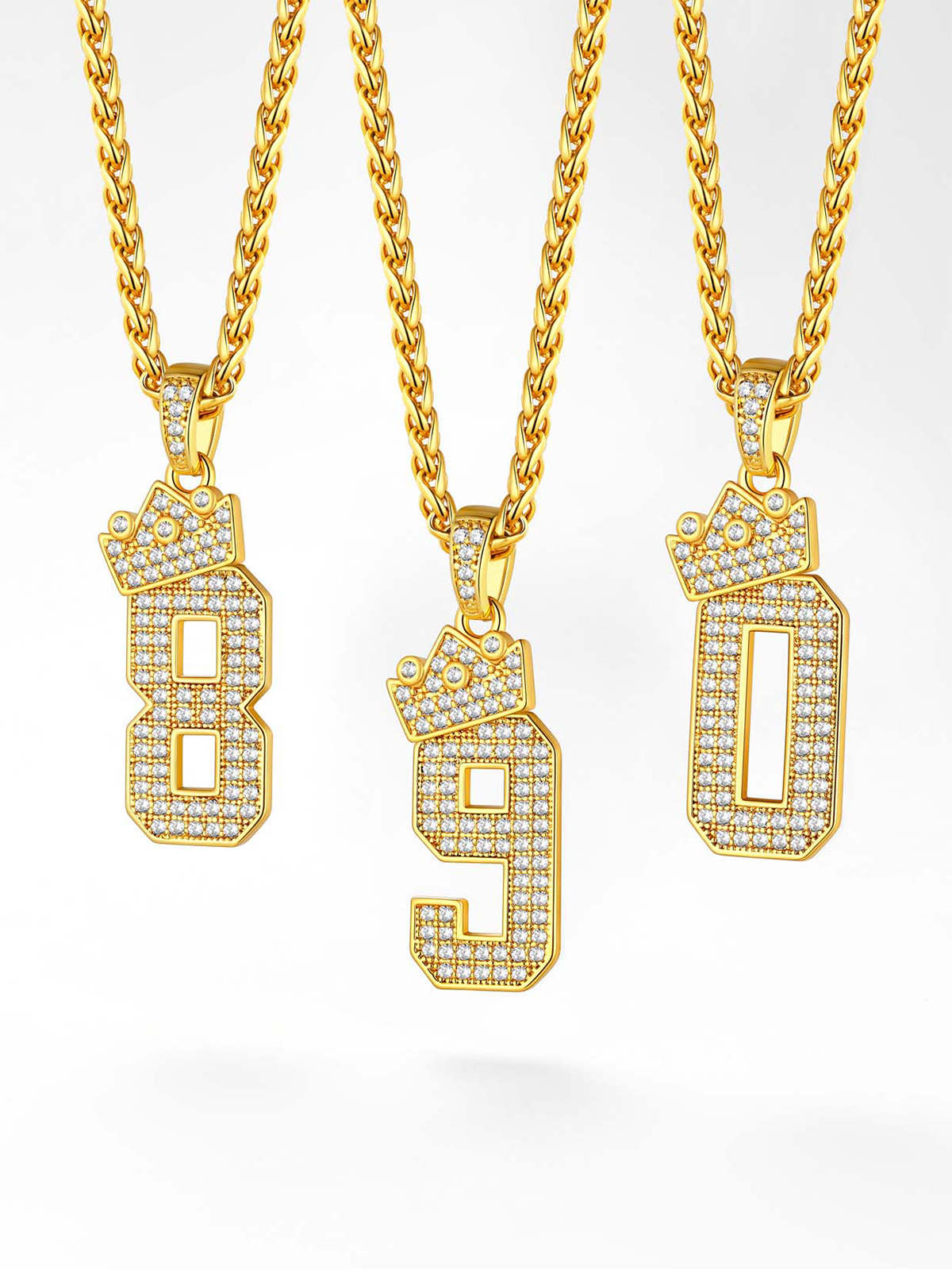 Crown Number Pendant Iced Out Necklace with CZ in 18K Gold