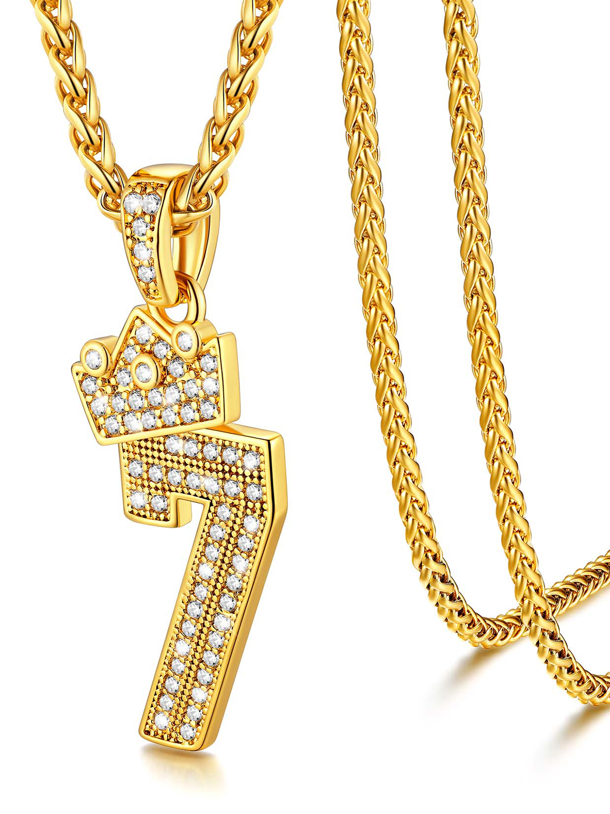 Crown Number Pendant Iced Out Necklace with CZ in 18K Gold