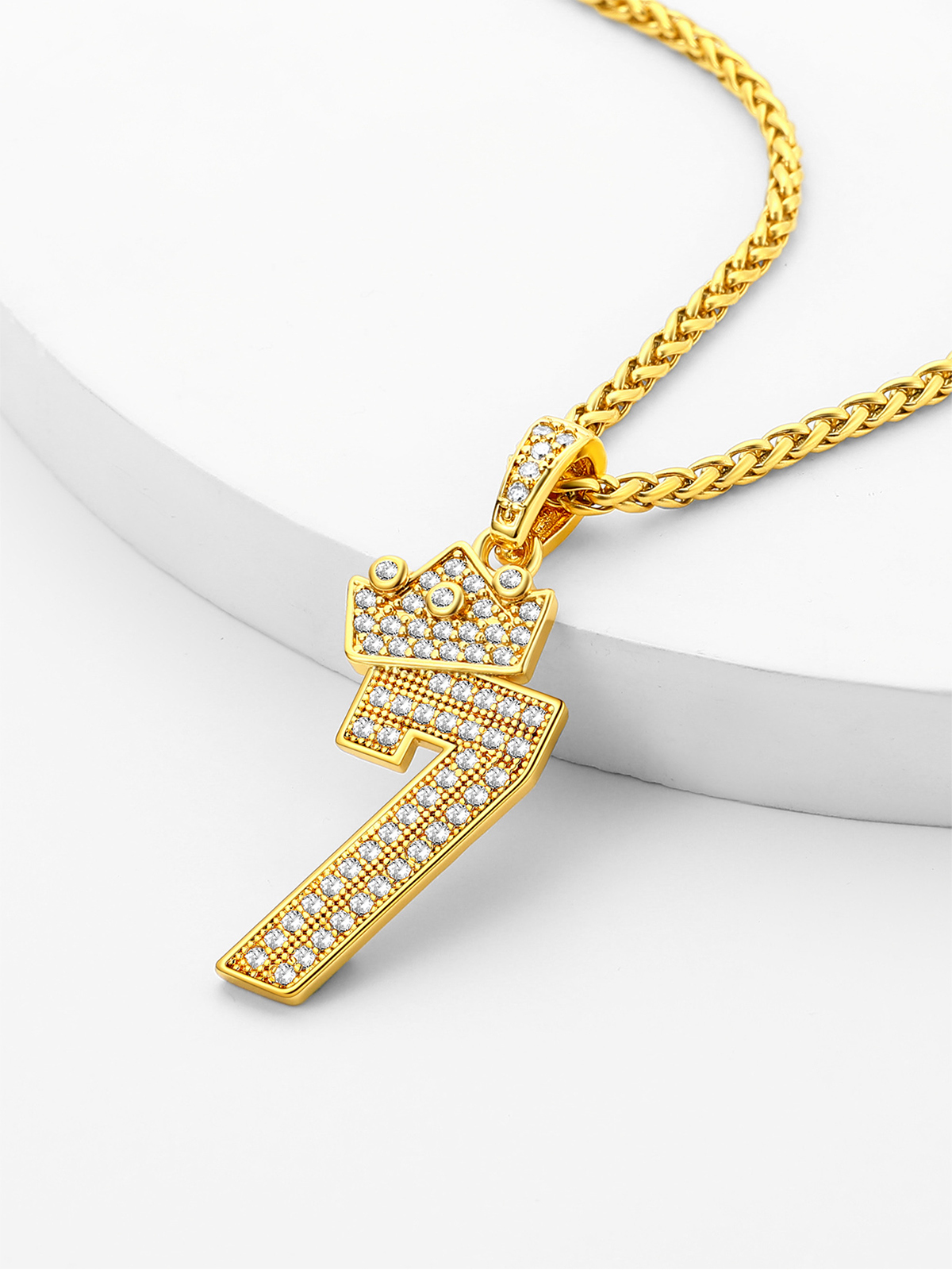 Crown Number Pendant Iced Out Necklace with CZ in 18K Gold