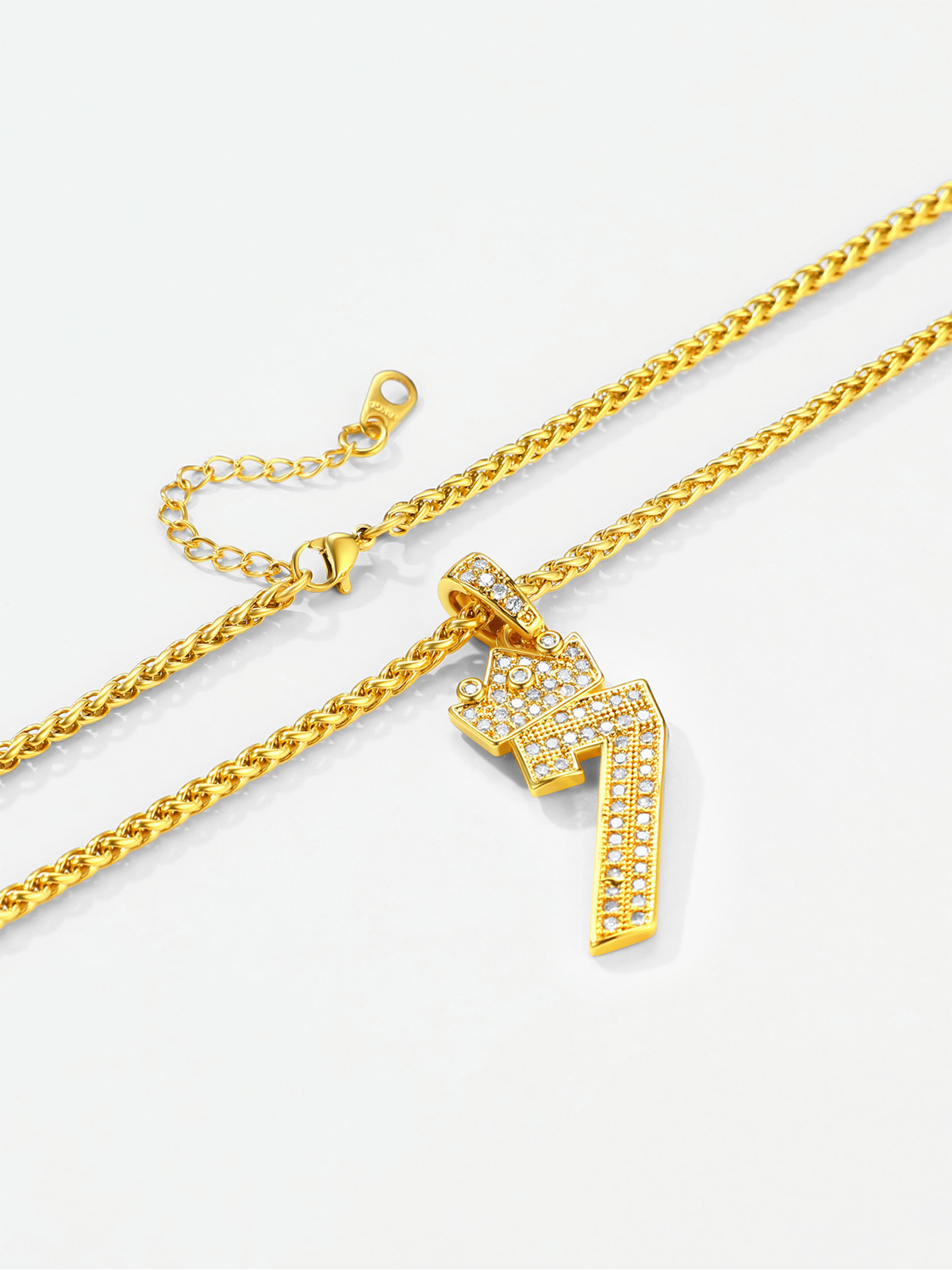 Crown Number Pendant Iced Out Necklace with CZ in 18K Gold