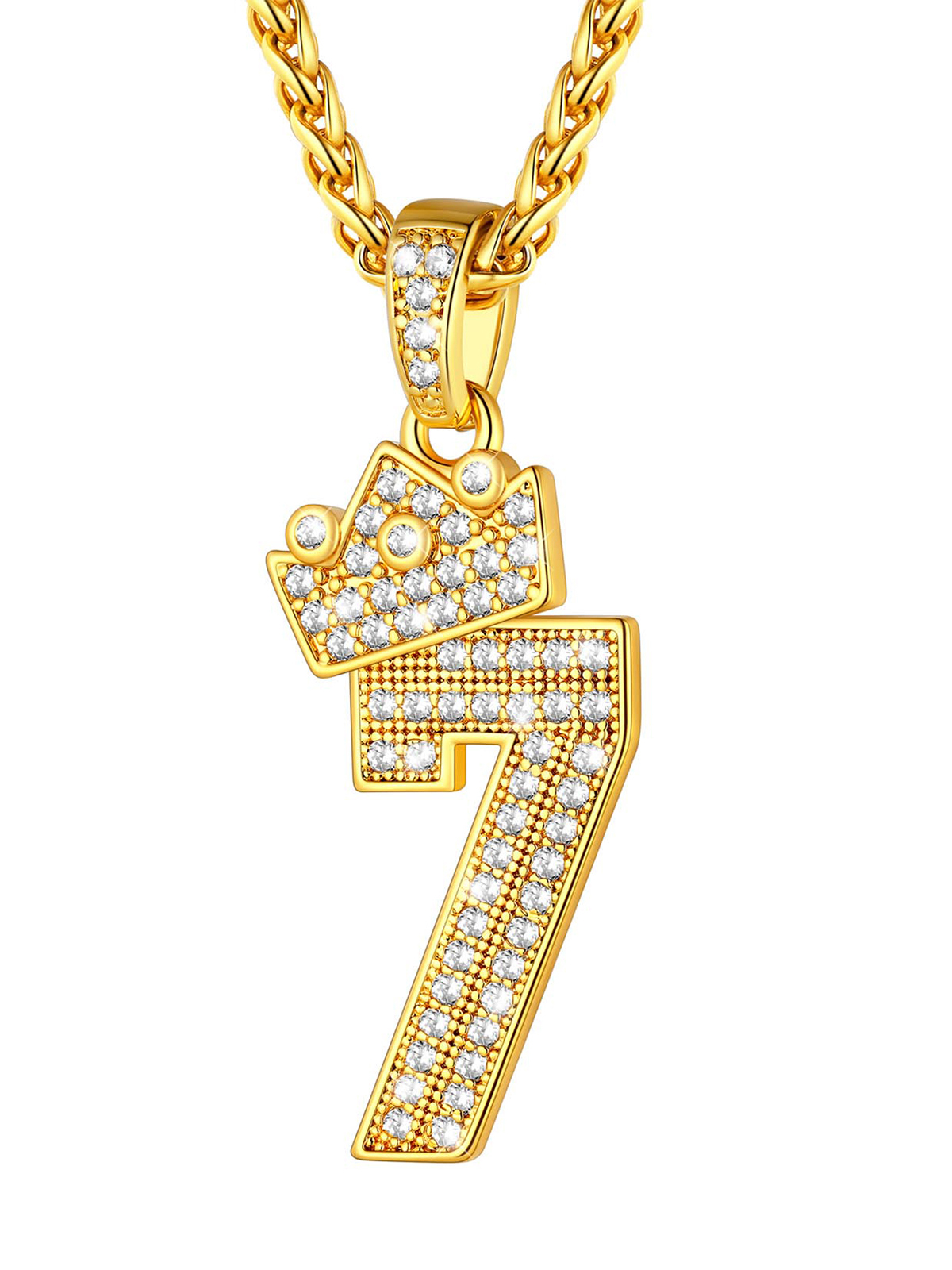 Crown Number Pendant Iced Out Necklace with CZ in 18K Gold