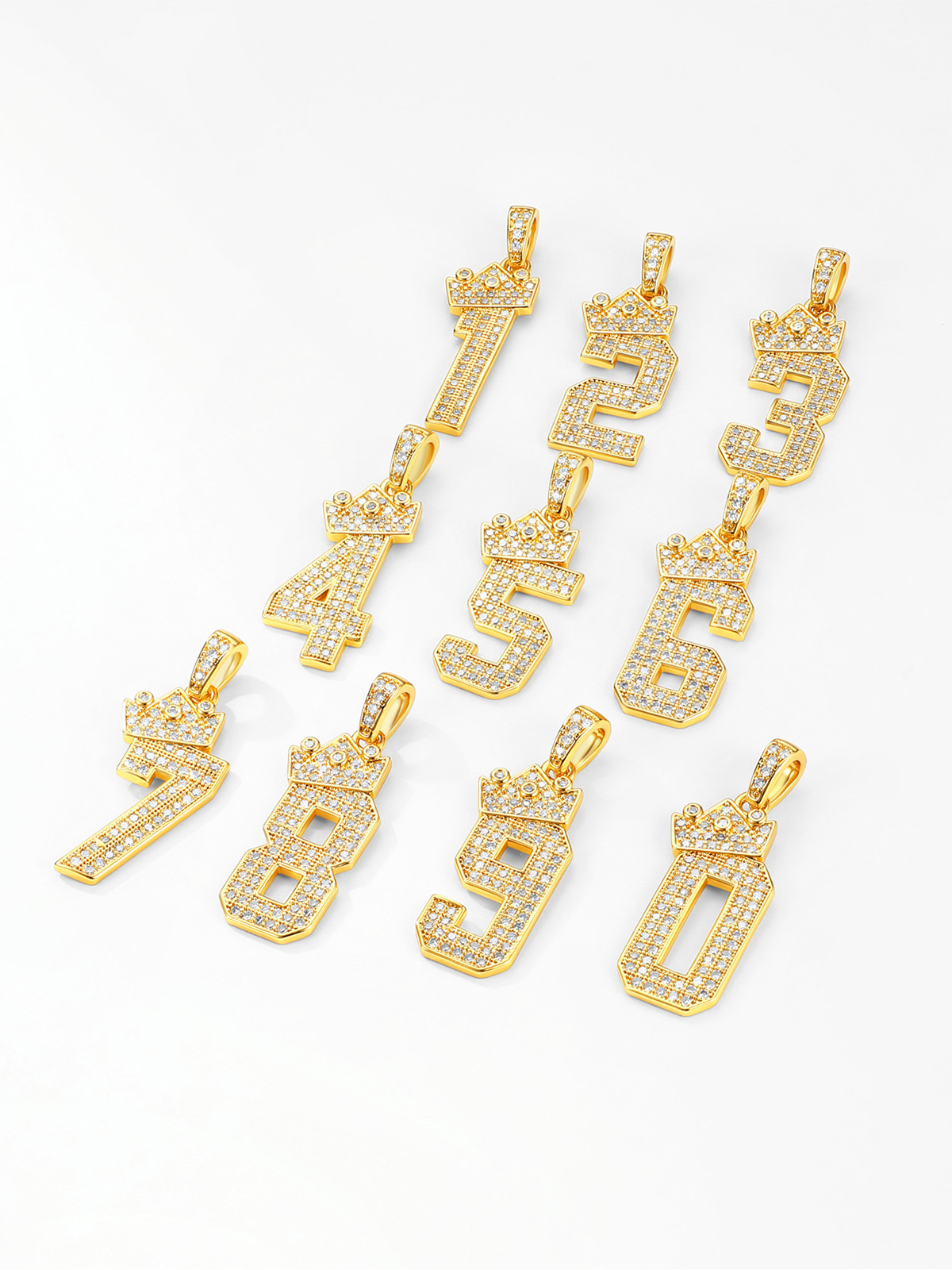 Crown Number Pendant Iced Out Necklace with CZ in 18K Gold