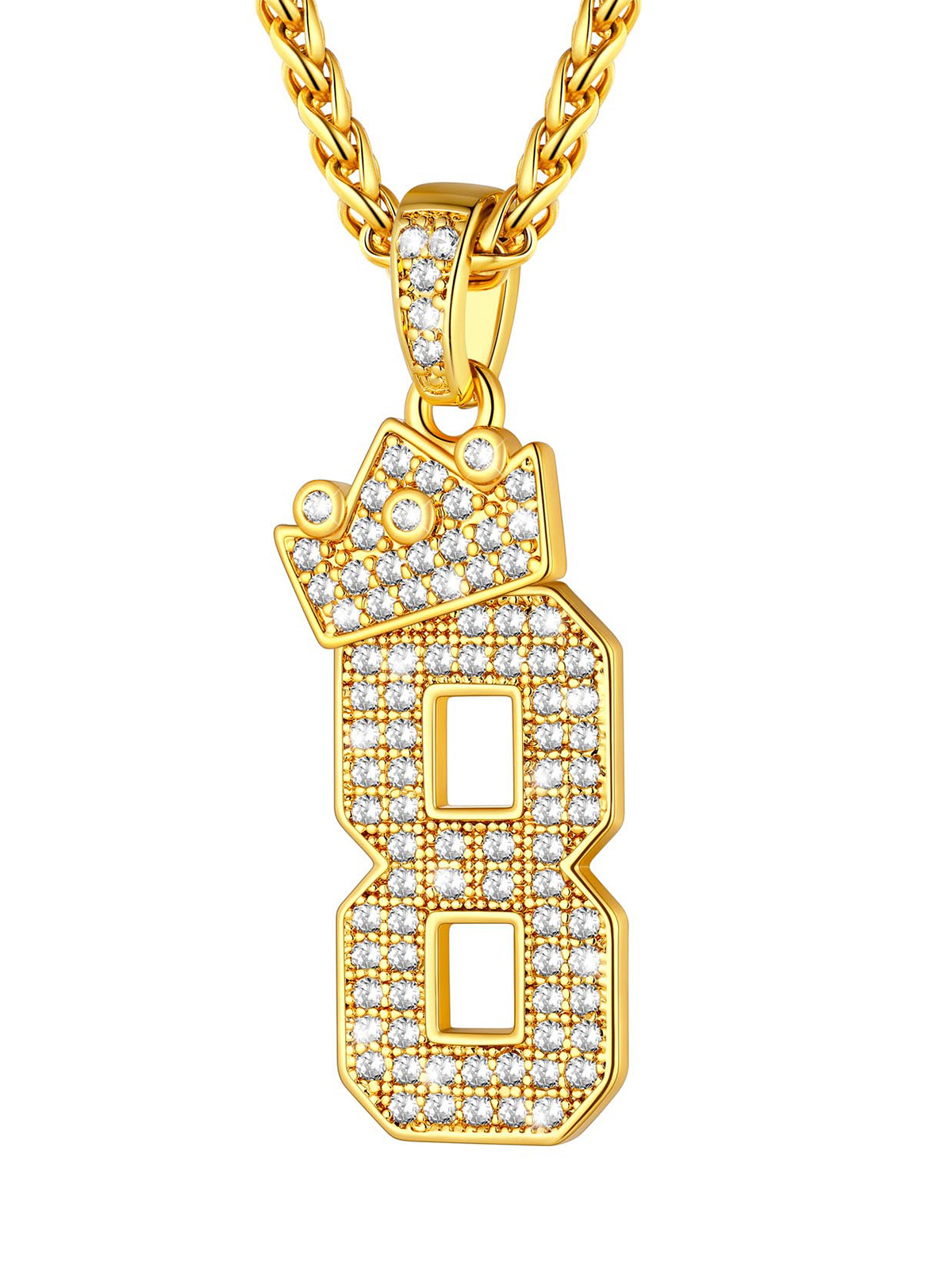 Crown Number Pendant Iced Out Necklace with CZ in 18K Gold