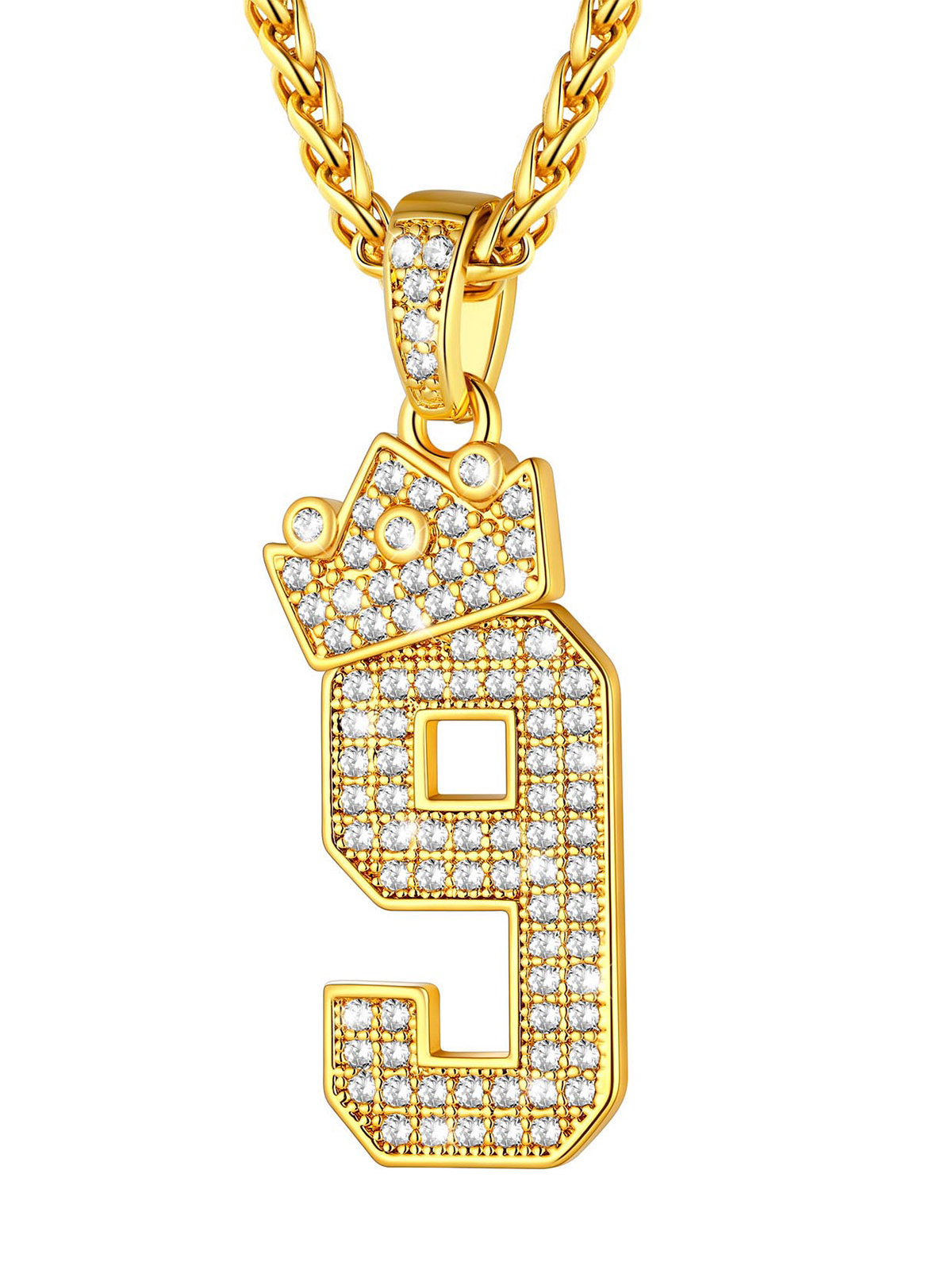 Crown Number Pendant Iced Out Necklace with CZ in 18K Gold