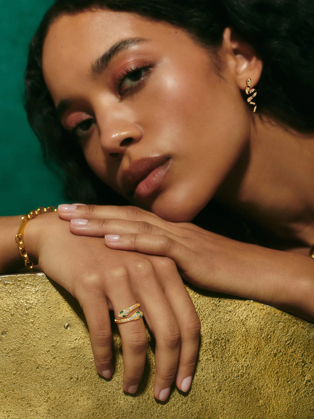 Adjustable Gothic Snake Statement Ring with Emerald Crystal