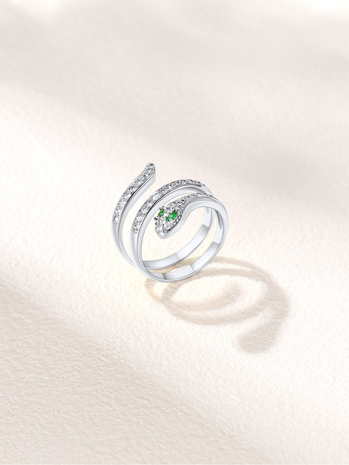 Adjustable Gothic Snake Statement Ring with Emerald Crystal in Silver