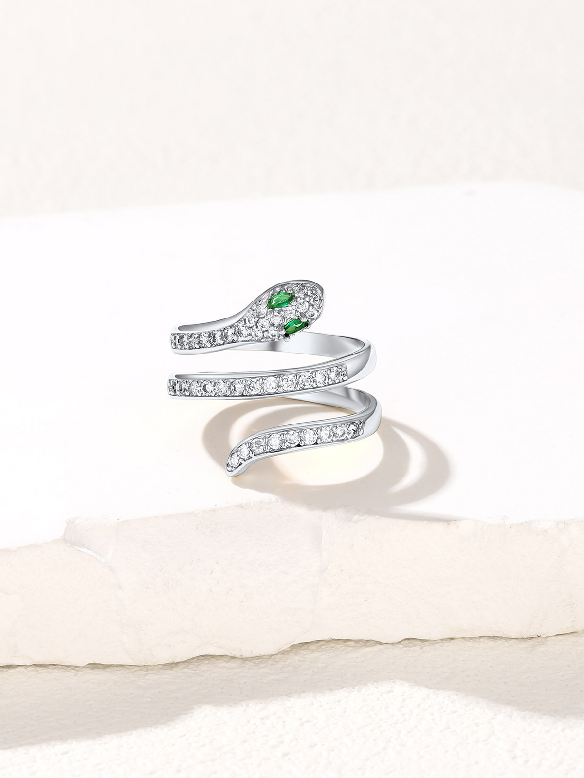 Adjustable Gothic Snake Statement Ring with Emerald Crystal in Silver
