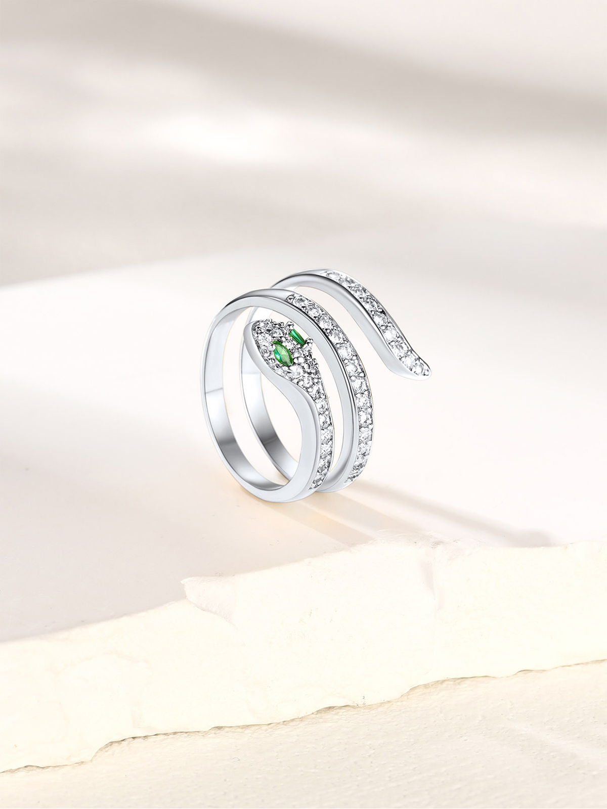 Adjustable Gothic Snake Statement Ring with Emerald Crystal in Silver