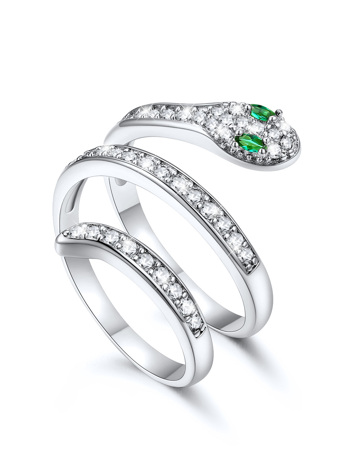Adjustable Gothic Snake Statement Ring with Emerald Crystal in Silver