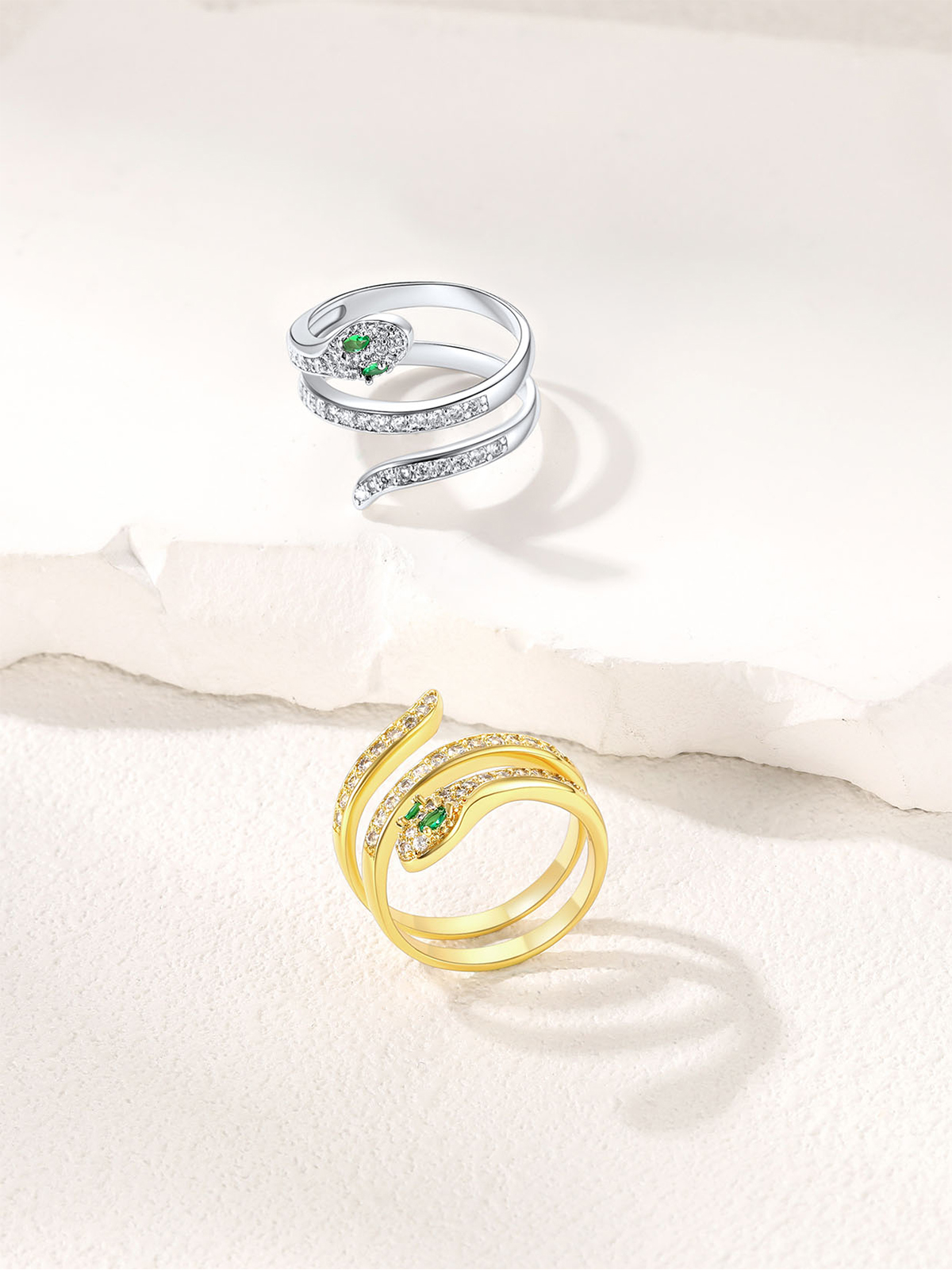 Adjustable Gothic Snake Statement Ring with Emerald Crystal in Silver