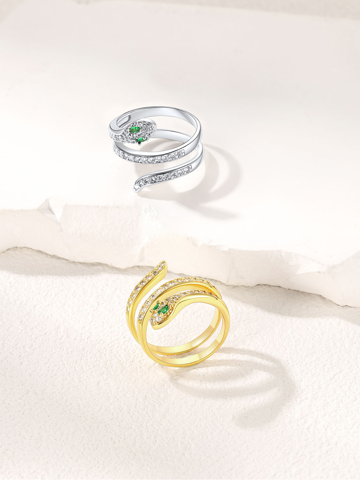 Adjustable Gothic Snake Statement Ring with Emerald Crystal in Silver