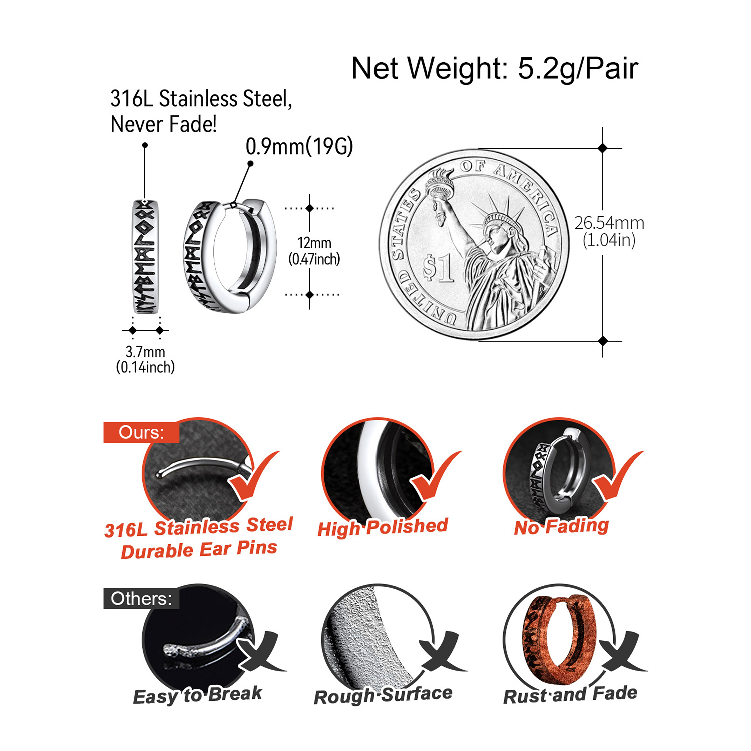 Viking Rune Huggie Hoop Details-Earrings Size, Weight