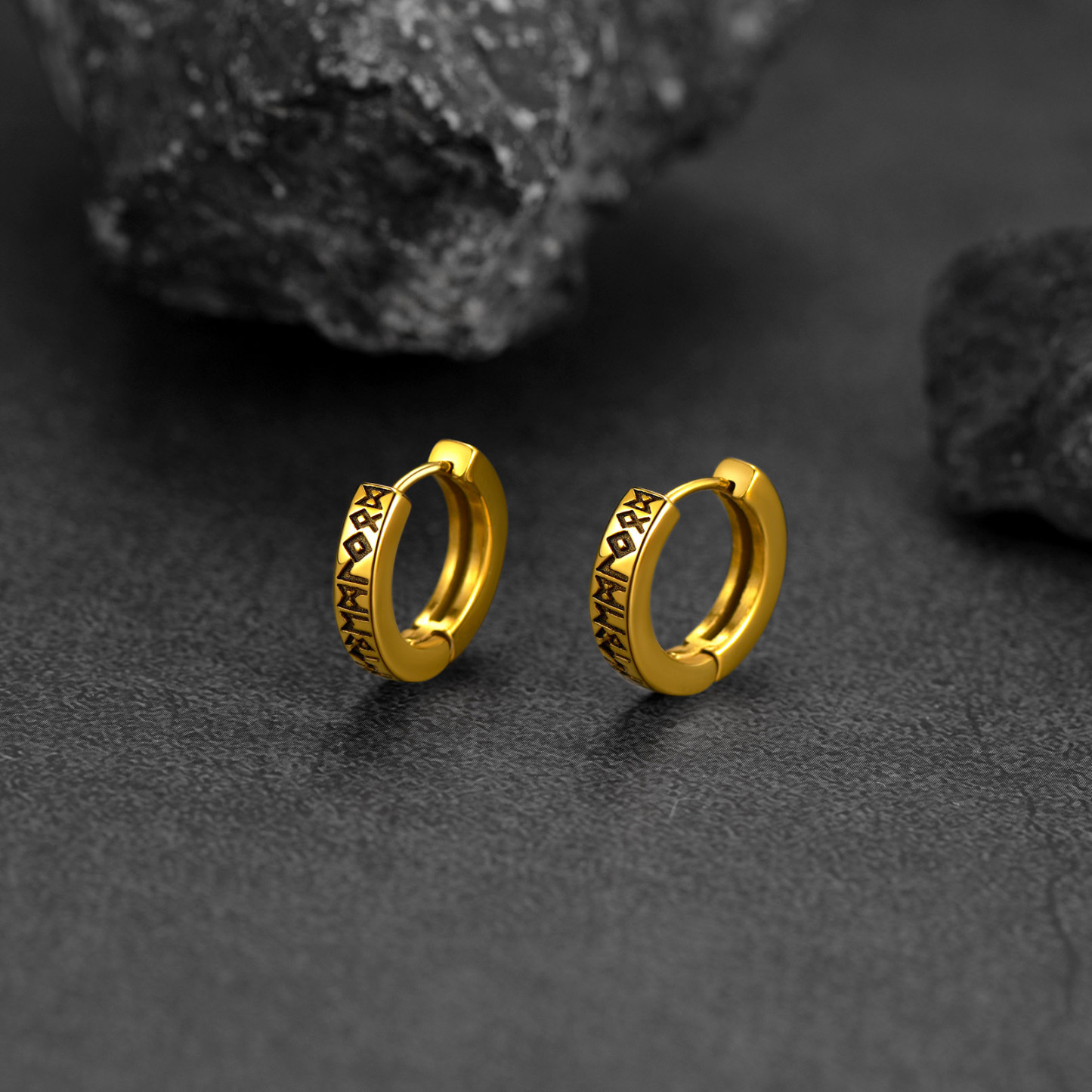 Viking Rune Huggie Hoop Earrings, 14K Gold Plated-01