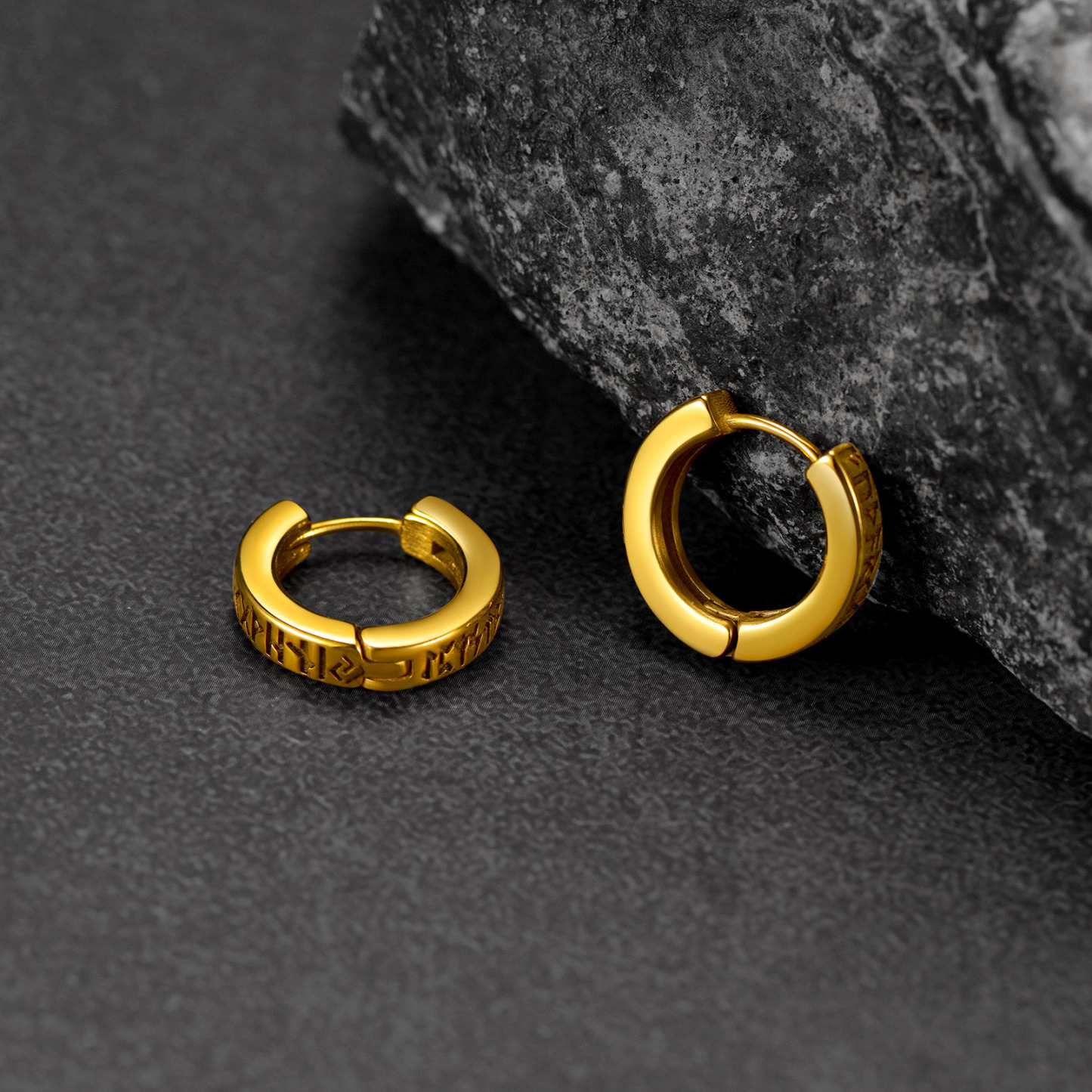 Viking Rune Huggie Hoop Earrings, 14K Gold Plated-02