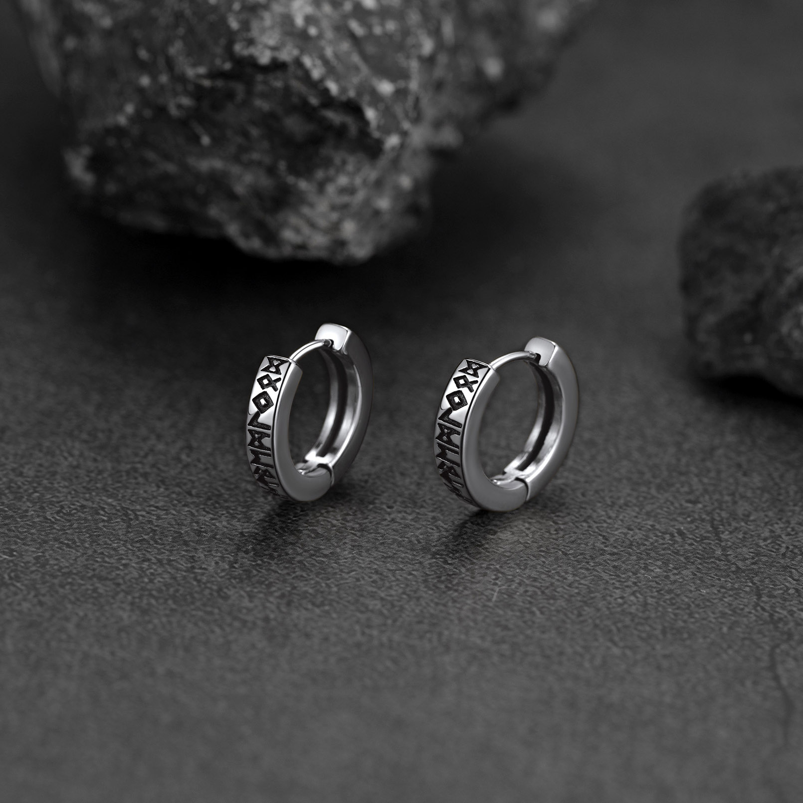 Viking Rune Huggie Hoop Earrings, Stainless Steel-01