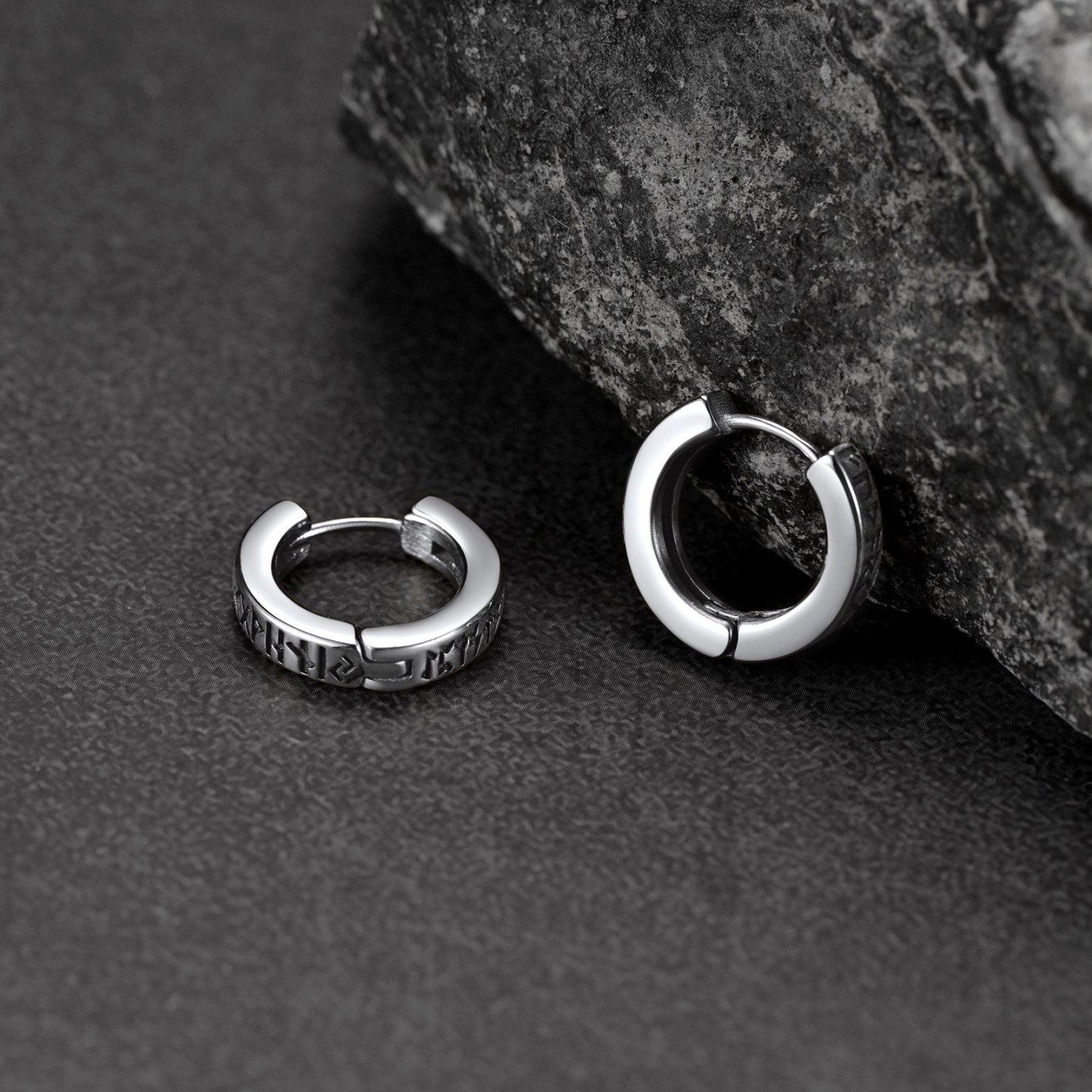 Viking Rune Huggie Hoop Earrings, Stainless Steel-02
