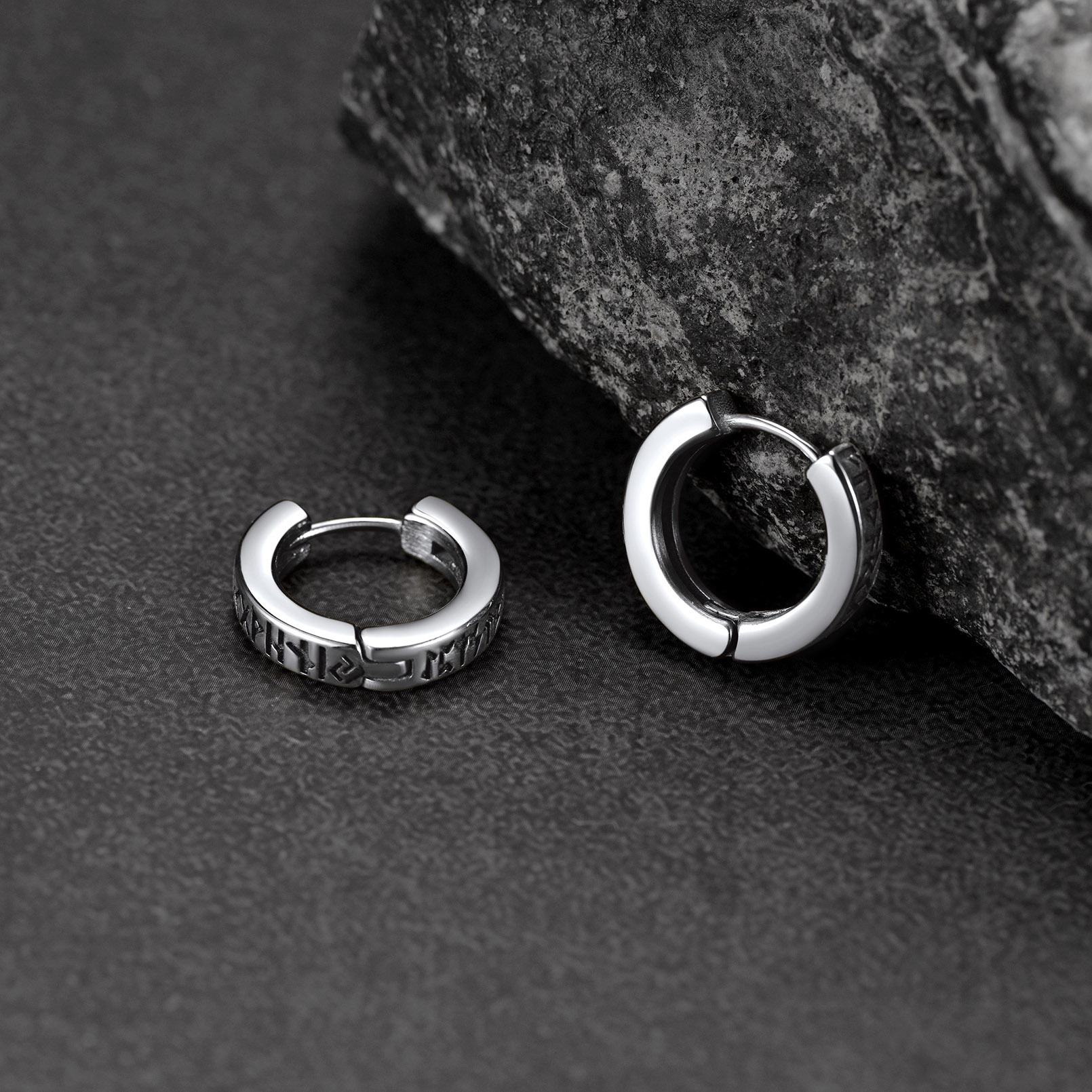 Viking Rune Huggie Hoop Earrings, Stainless Steel-02