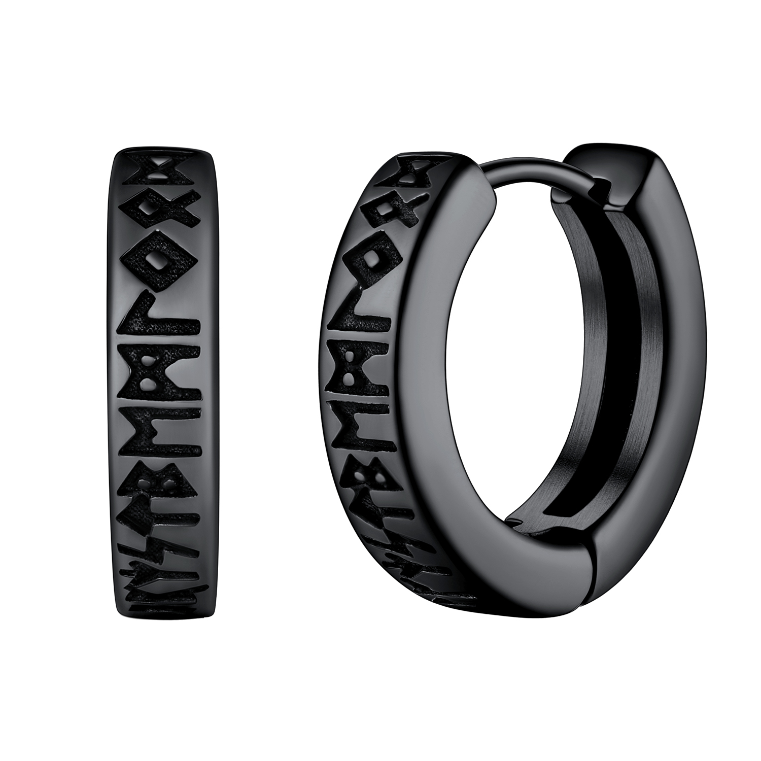 Viking Rune Huggie Hoop Earrings in Black Plated