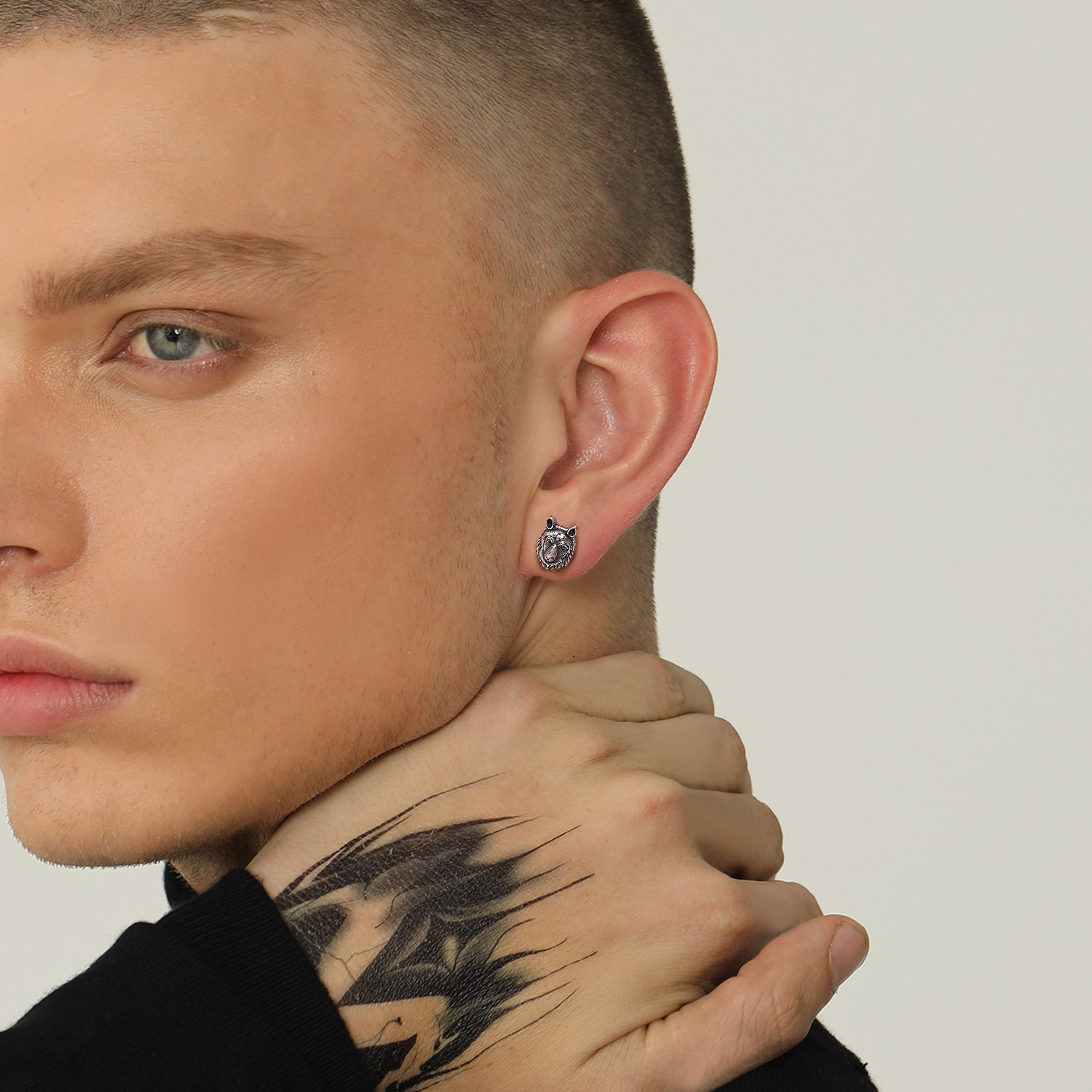 Wolf Head Stud Earrings for Men-01