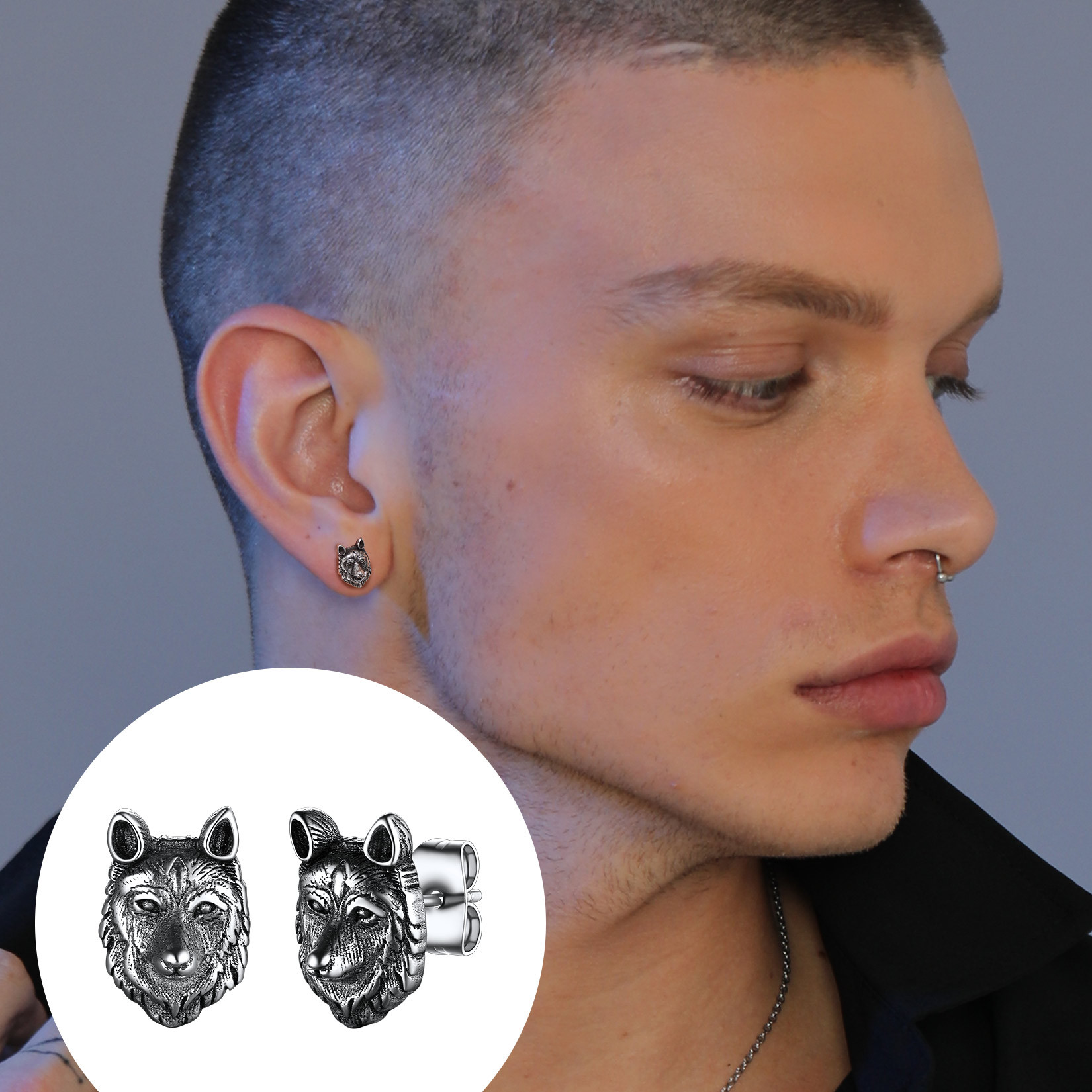 Wolf Head Stud Earrings for Men-02