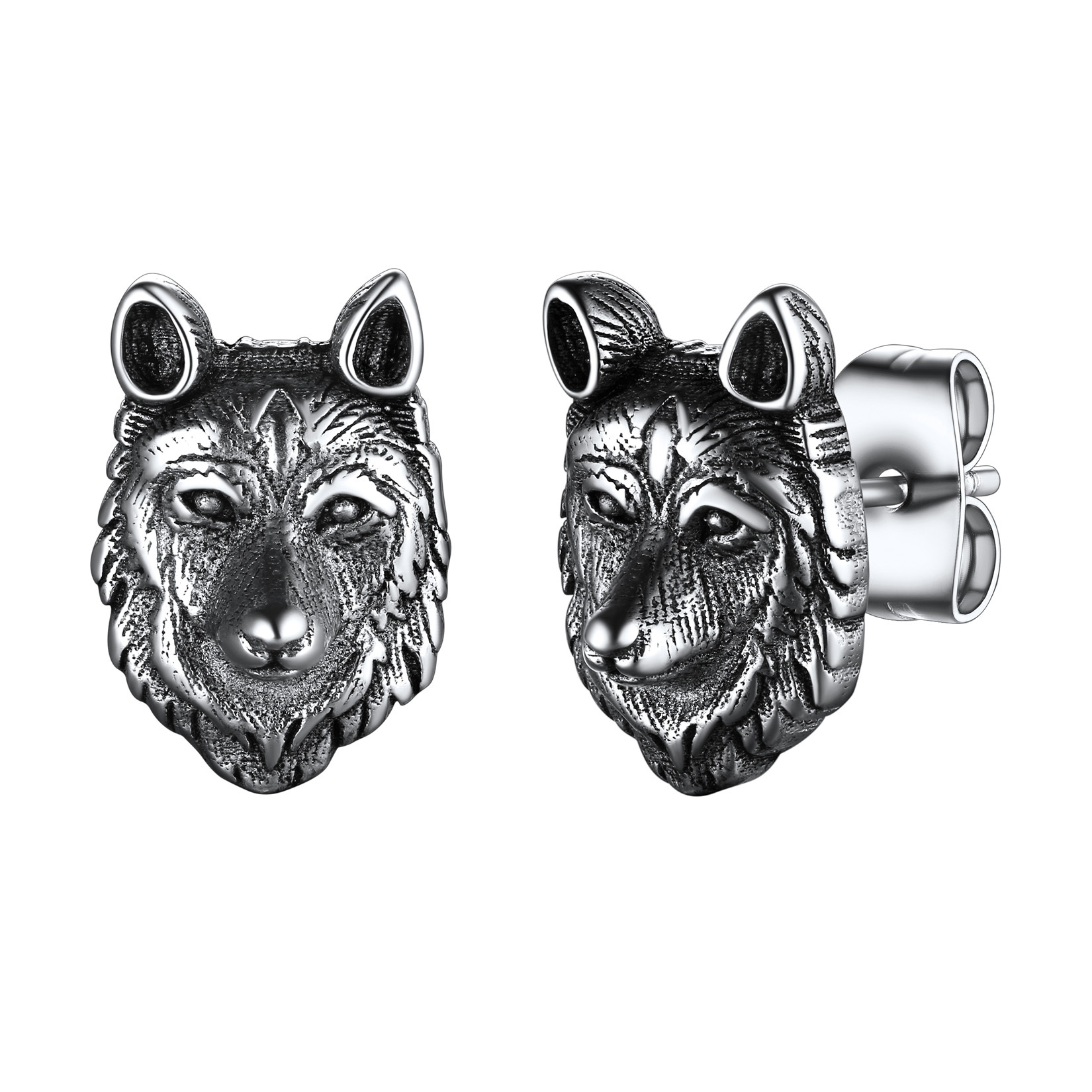 Wolf Head Stud Earrings in Stainless Steel