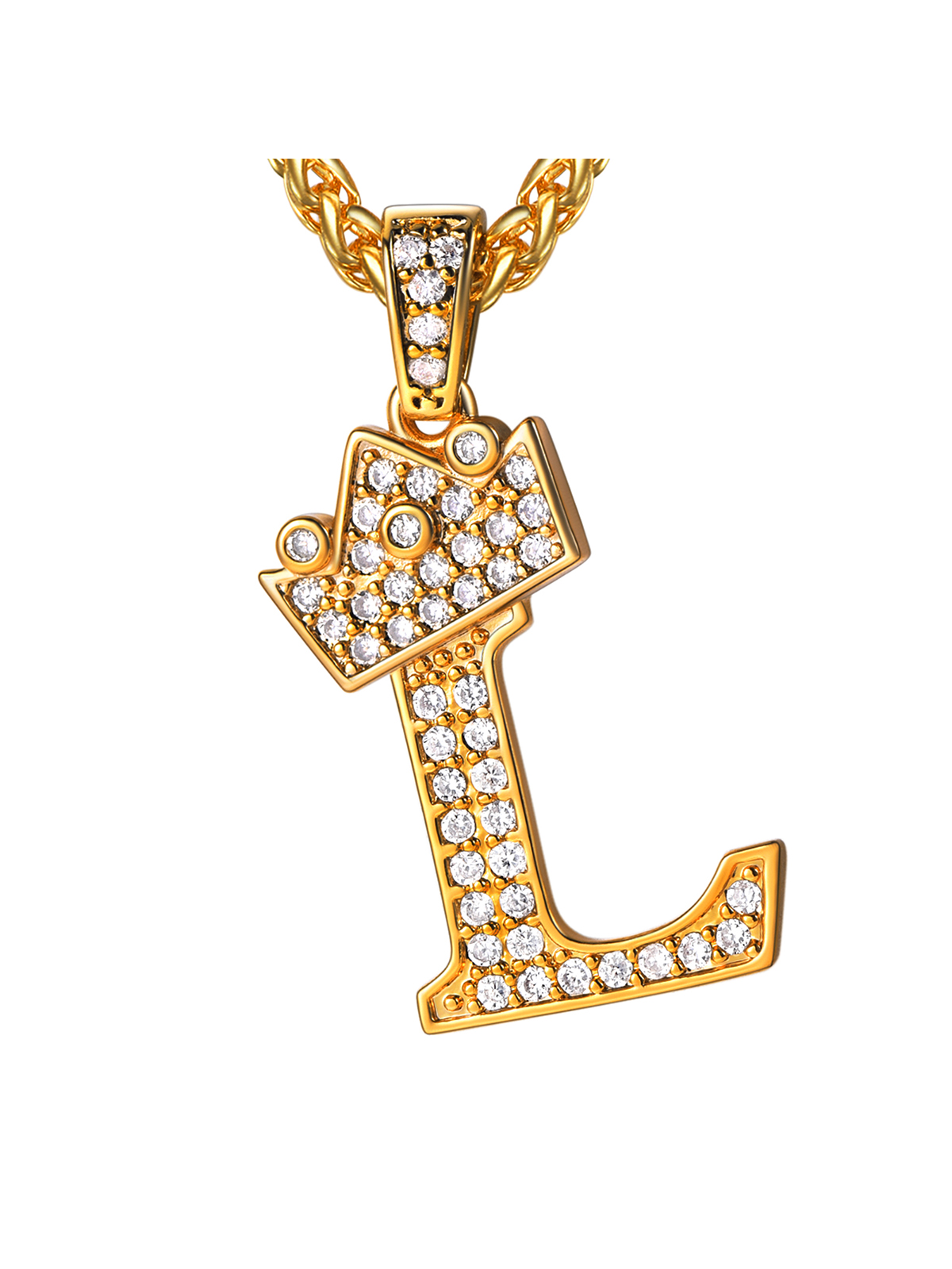 Crown Initial L Pendant Iced Out Necklace with CZ in 18K Gold