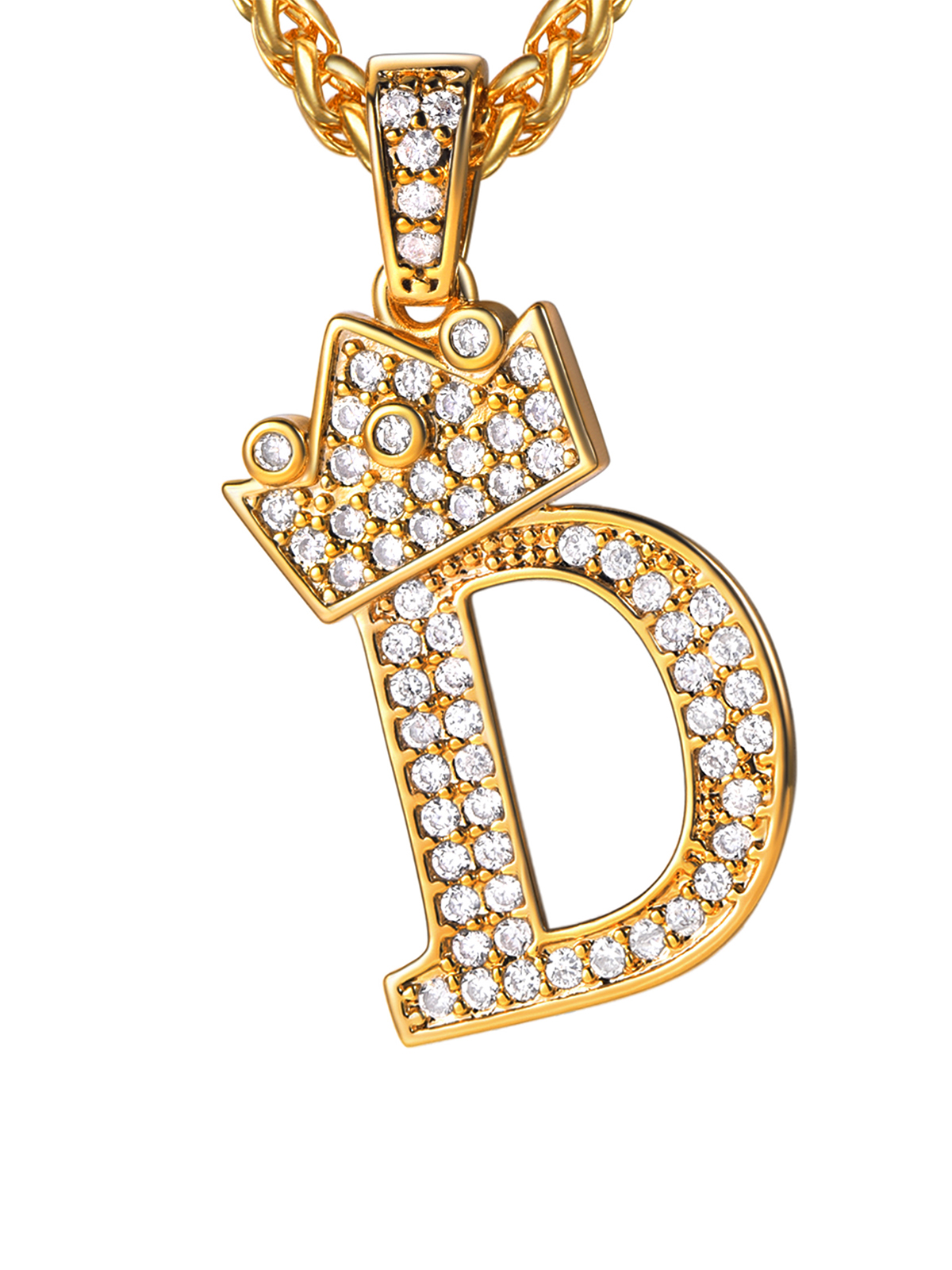 Crown Initial D Pendant Iced Out Necklace with CZ in 18K Gold