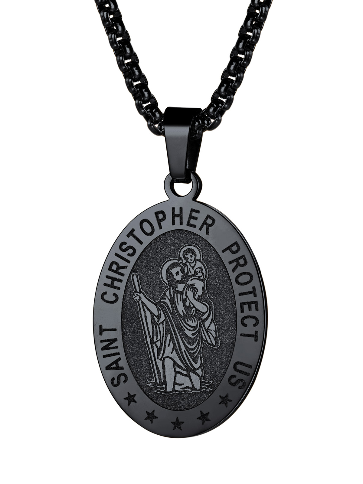 Saint Christopher Pendant Oval Medal Necklace in Black Plated