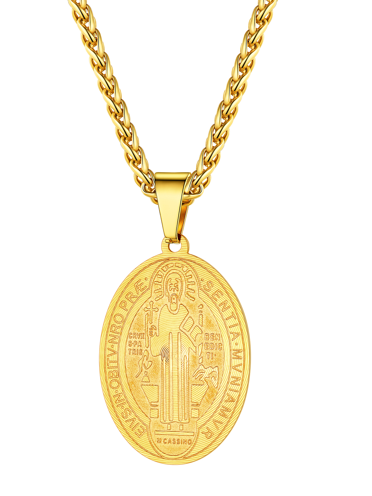 Saint Benedict Pendant Oval Coin Medal Necklace in 18K Gold Plated