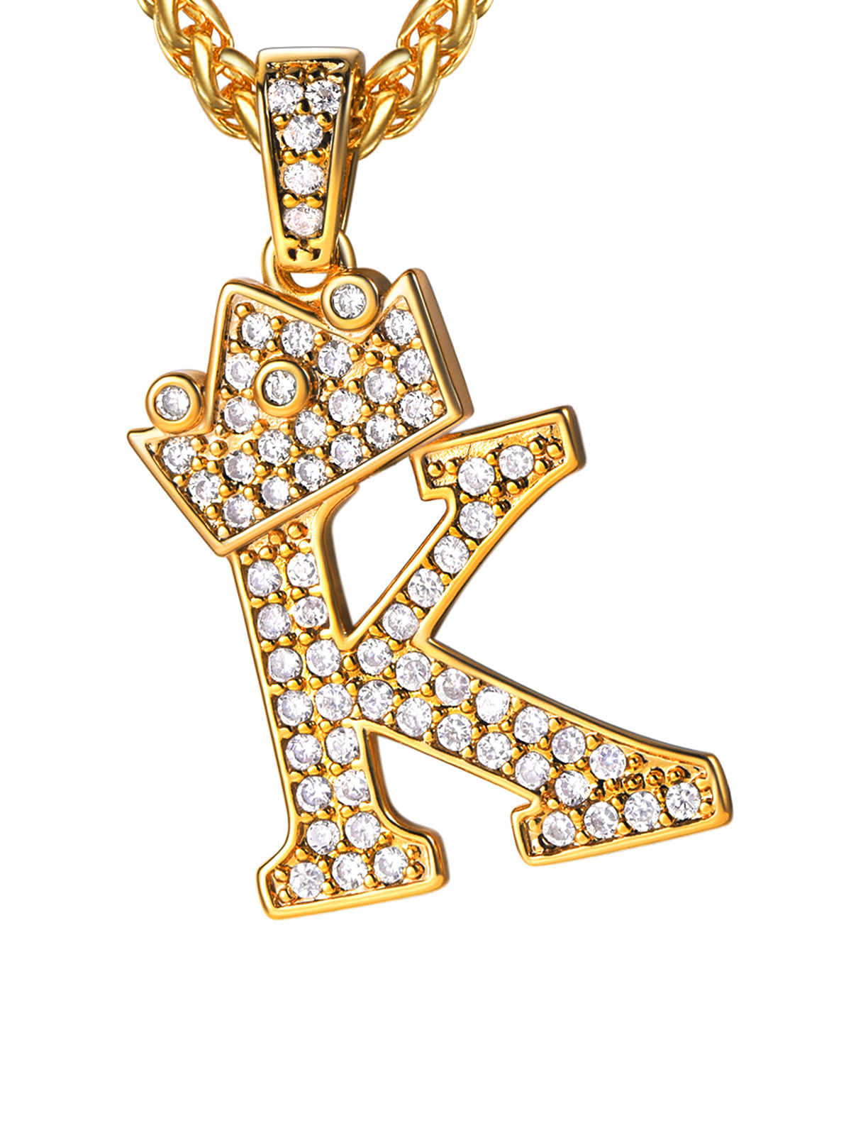 Crown Initial K Pendant Iced Out Necklace with CZ in 18K Gold