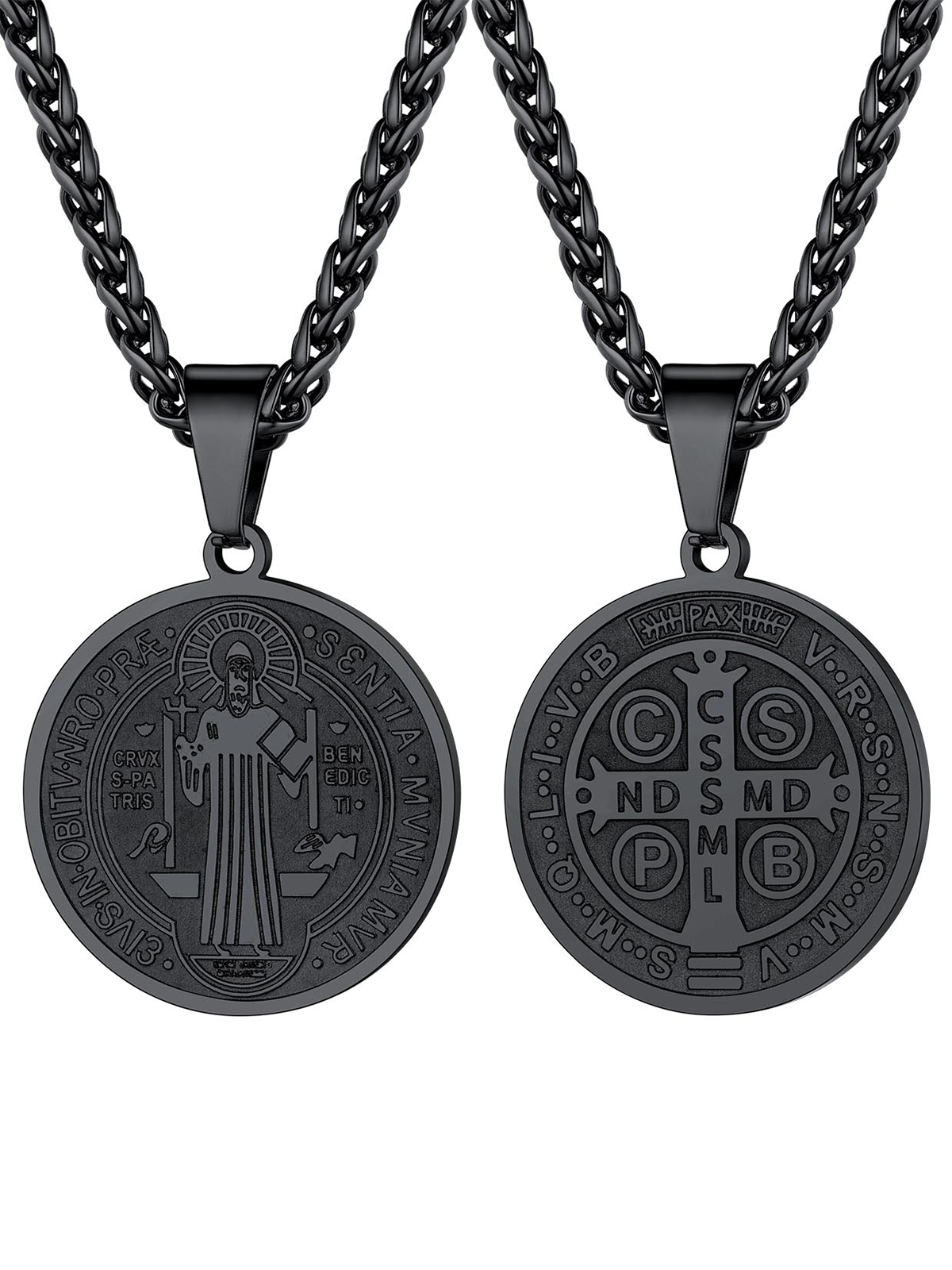 Saint Benedict Pendant Round Coin Medal Necklace in Black